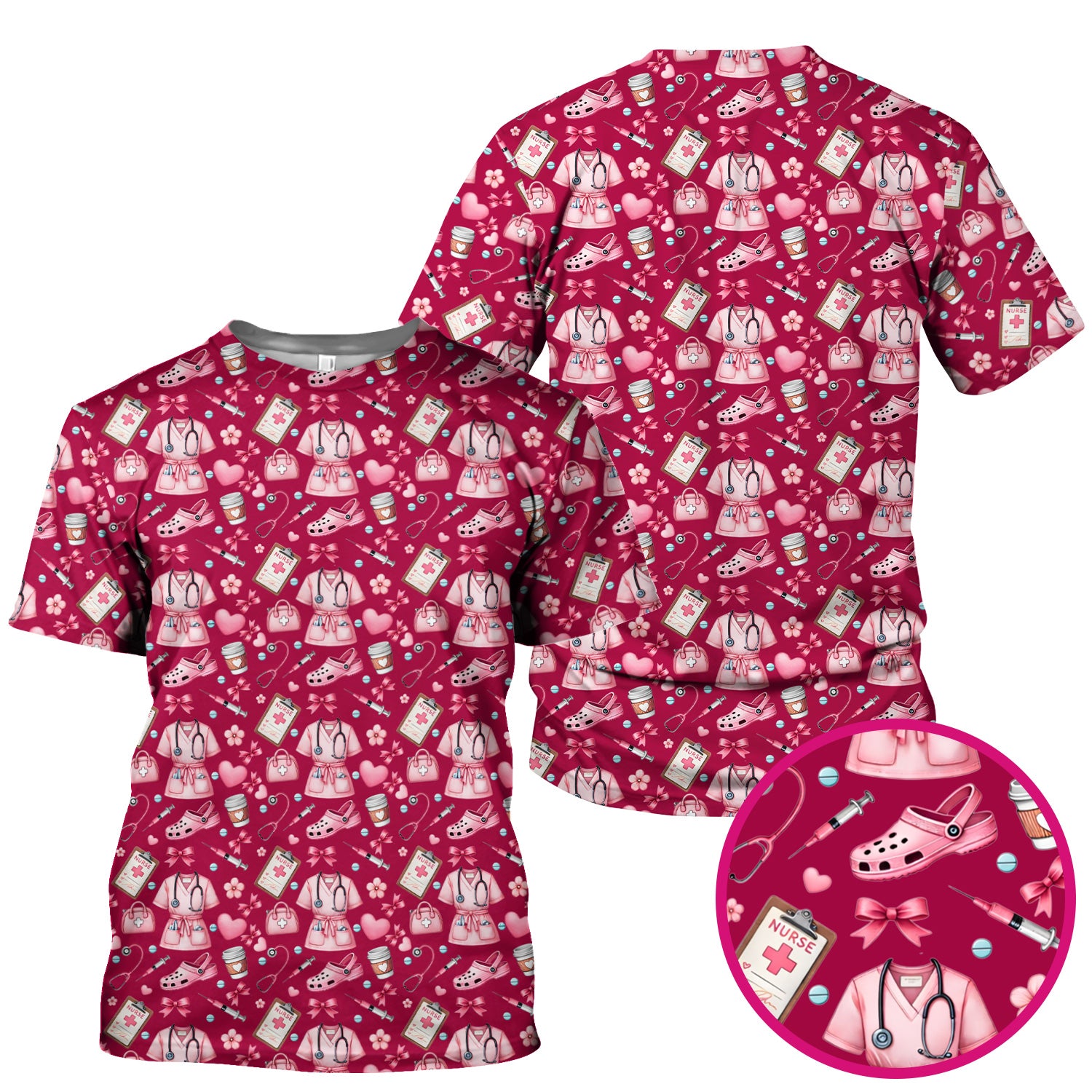 Valentine Pink Nurse Icons Print Scrub Top, Comfortable Scrubs for Nurses