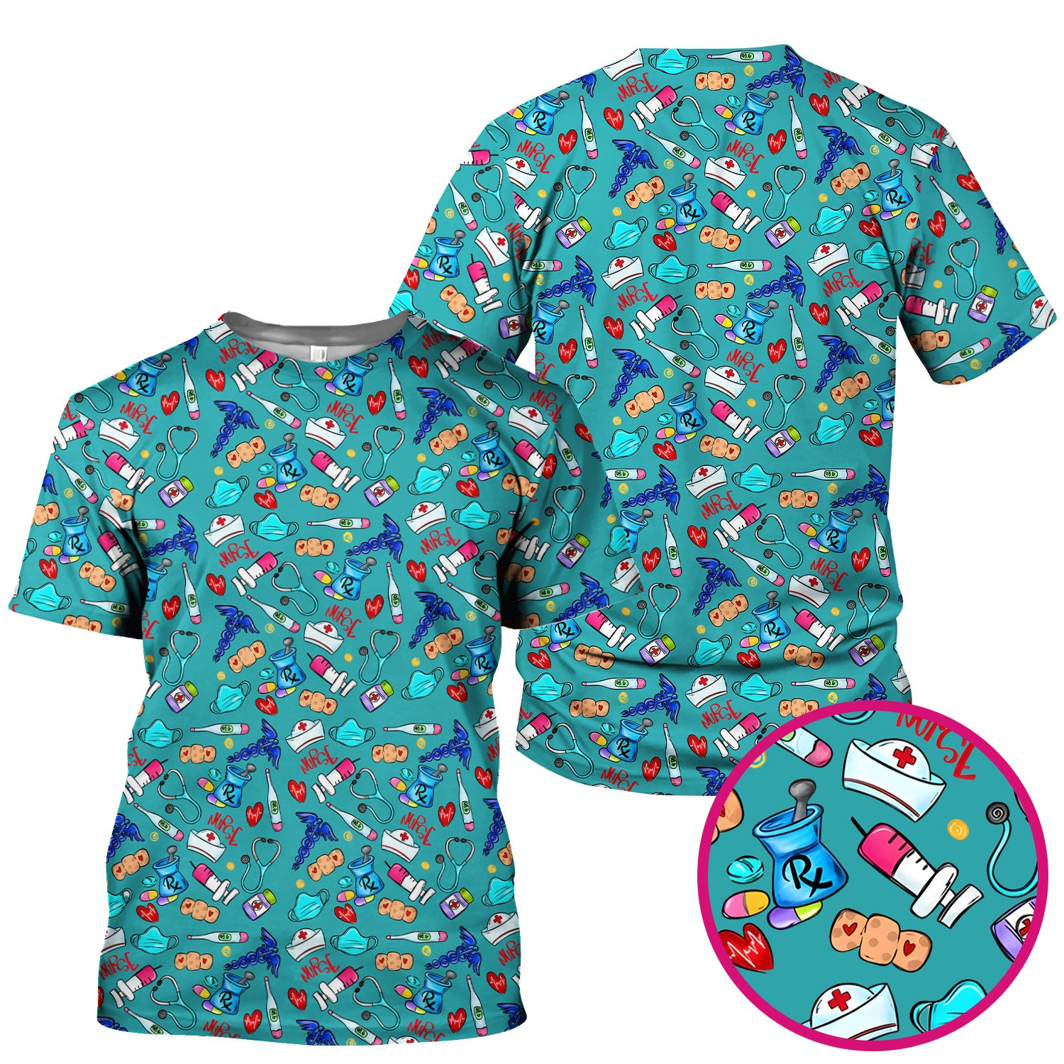 Nurse Medical Icons Stethoscope Heart Pattern Scrub Top, Comfortable Scrubs for Nurses