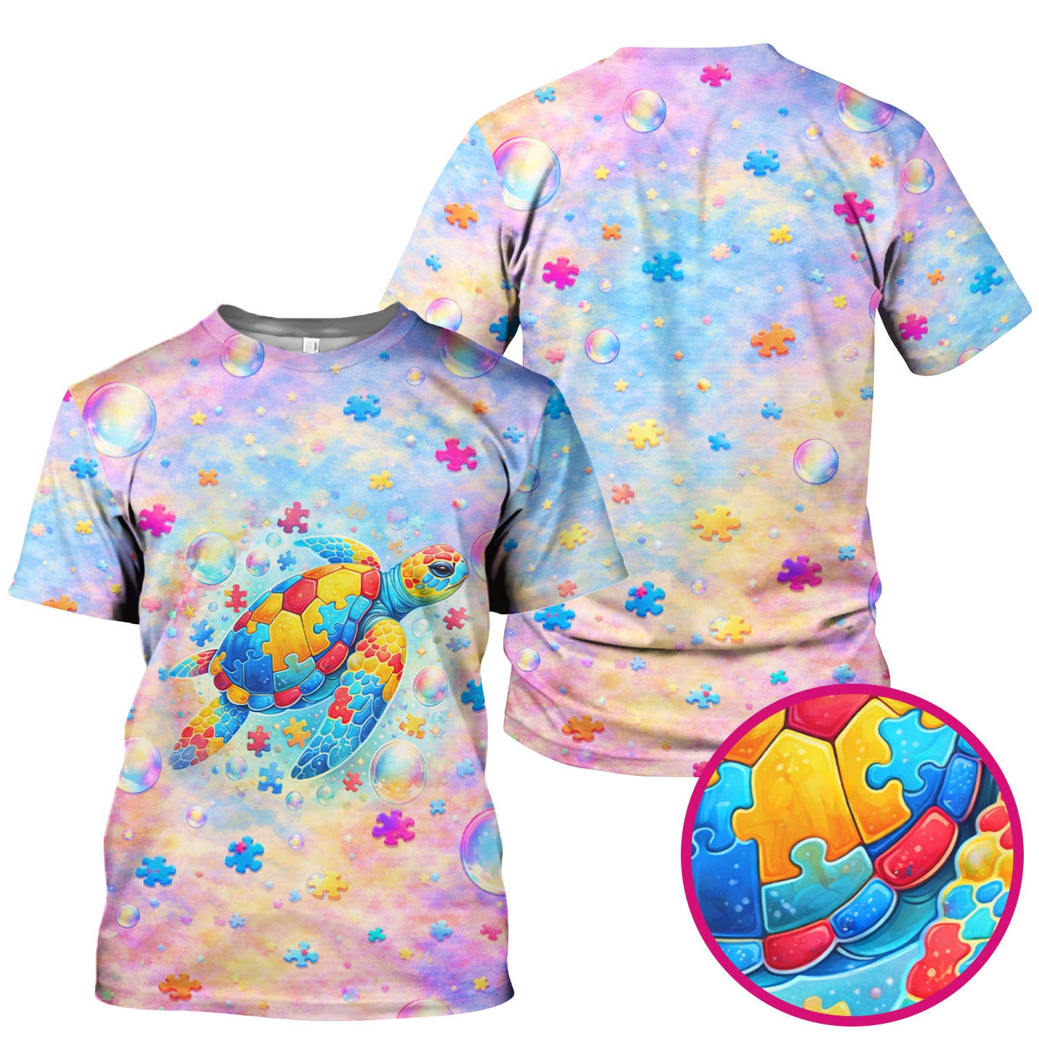 Autism Puzzle Sea Turtle Pastel Rainbow Print Scrub Top, Comfortable Scrubs for Nurses