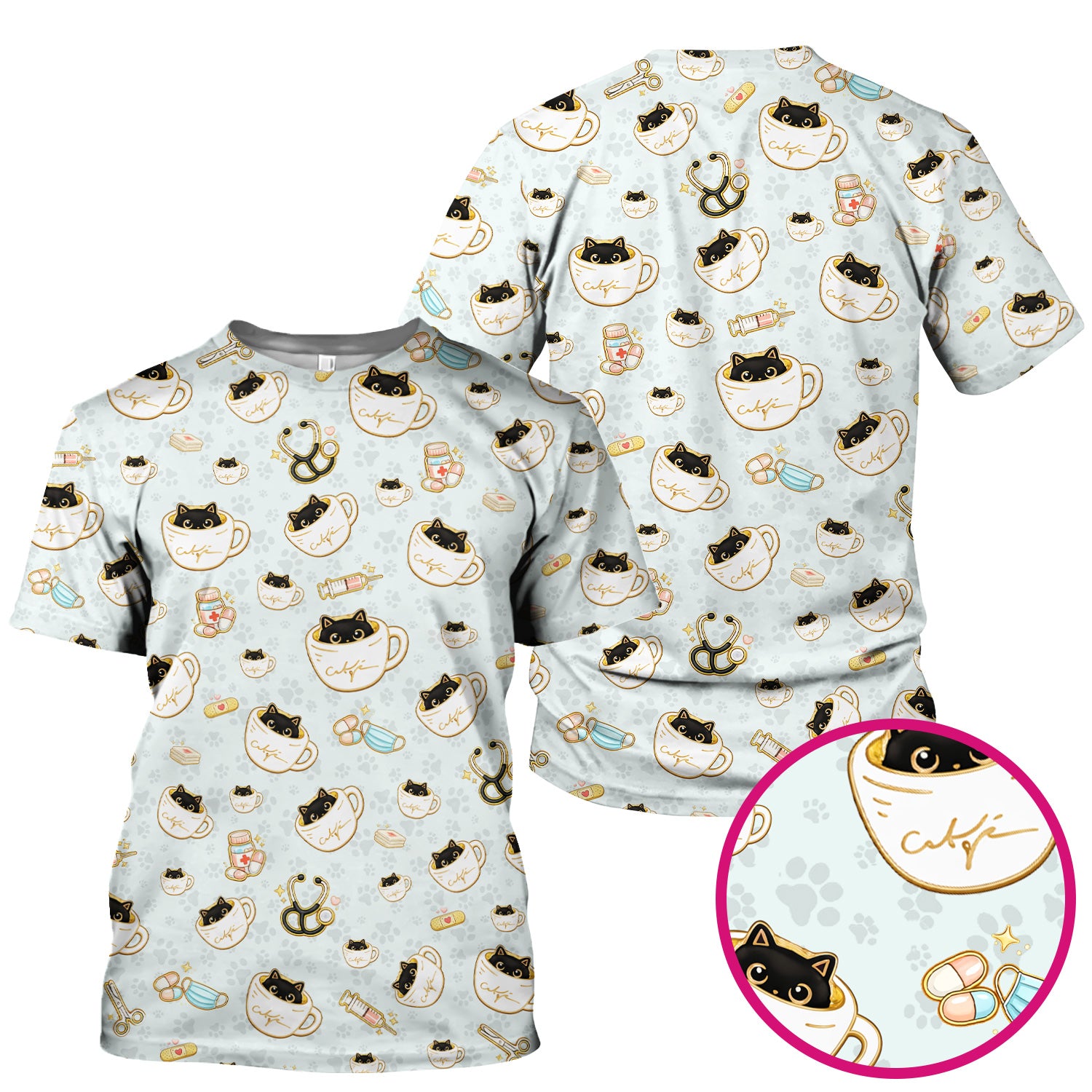 Cute Coffee Cat Medical Print Scrub Top, Breathable Fabrics Nursing Uniform