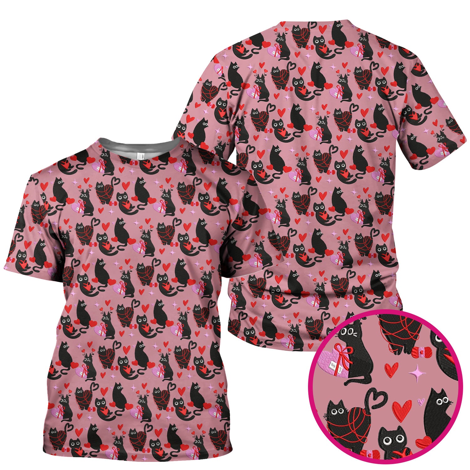 Valentine’s Day Scrub Top, Cute Black Cat With Heart Pattern Nurse Shirt, Breathable Fabrics Nursing Uniform