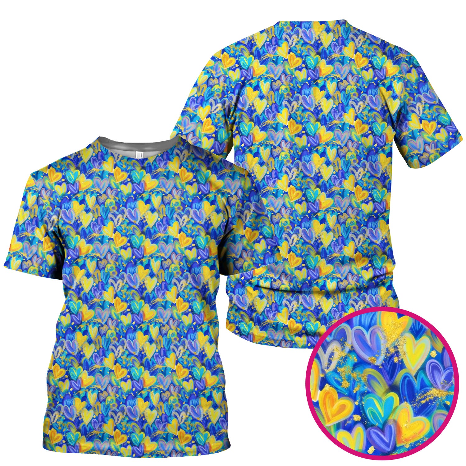 Blue and Yellow Layered Heart Gold Splatter Print Scrub Top, Artistic Scrubs for Nurses