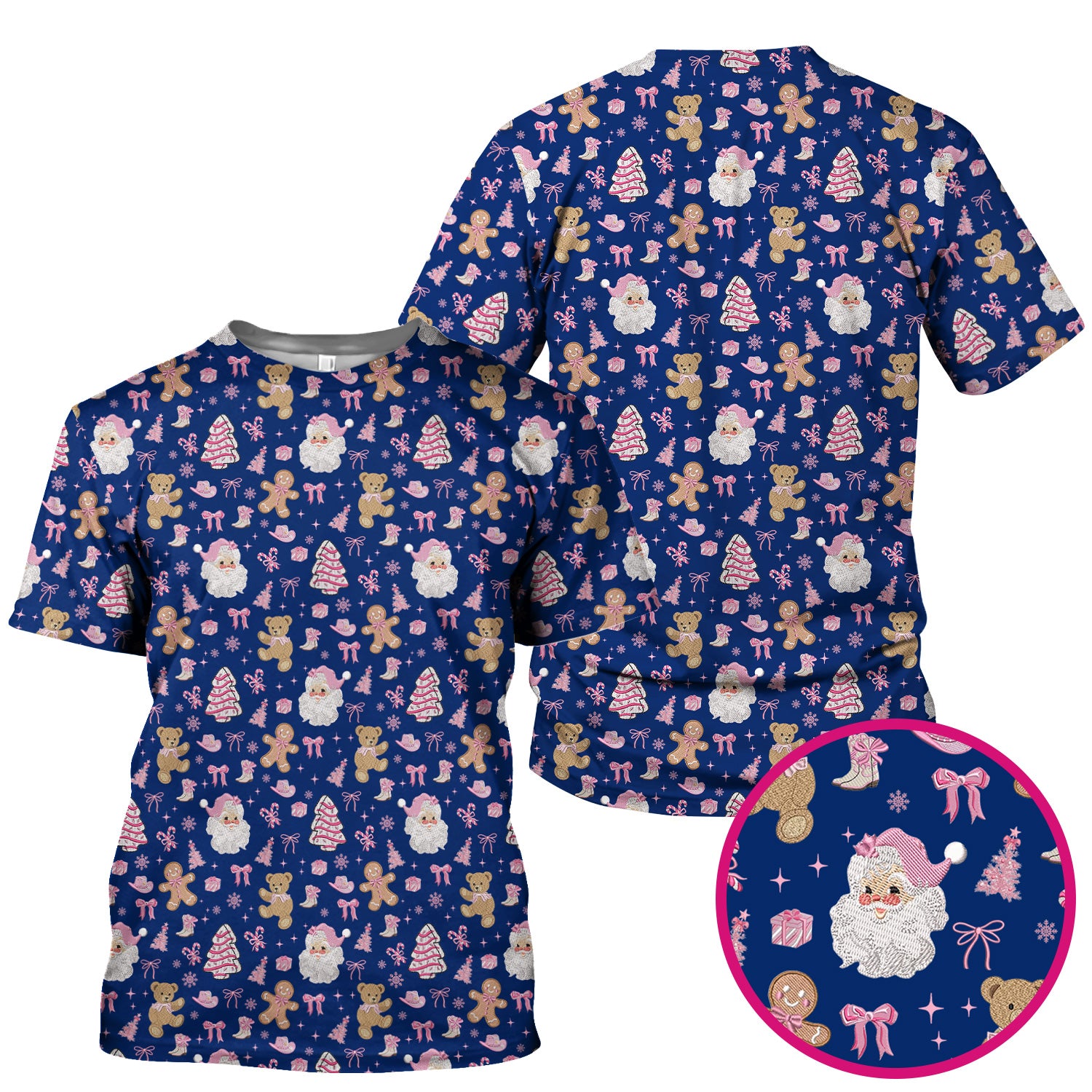 Pink Christmas Santa Gingerbread Scrub Top, Cute Holiday Medical Pattern Shirt, Breathable Fabrics Nursing Uniform