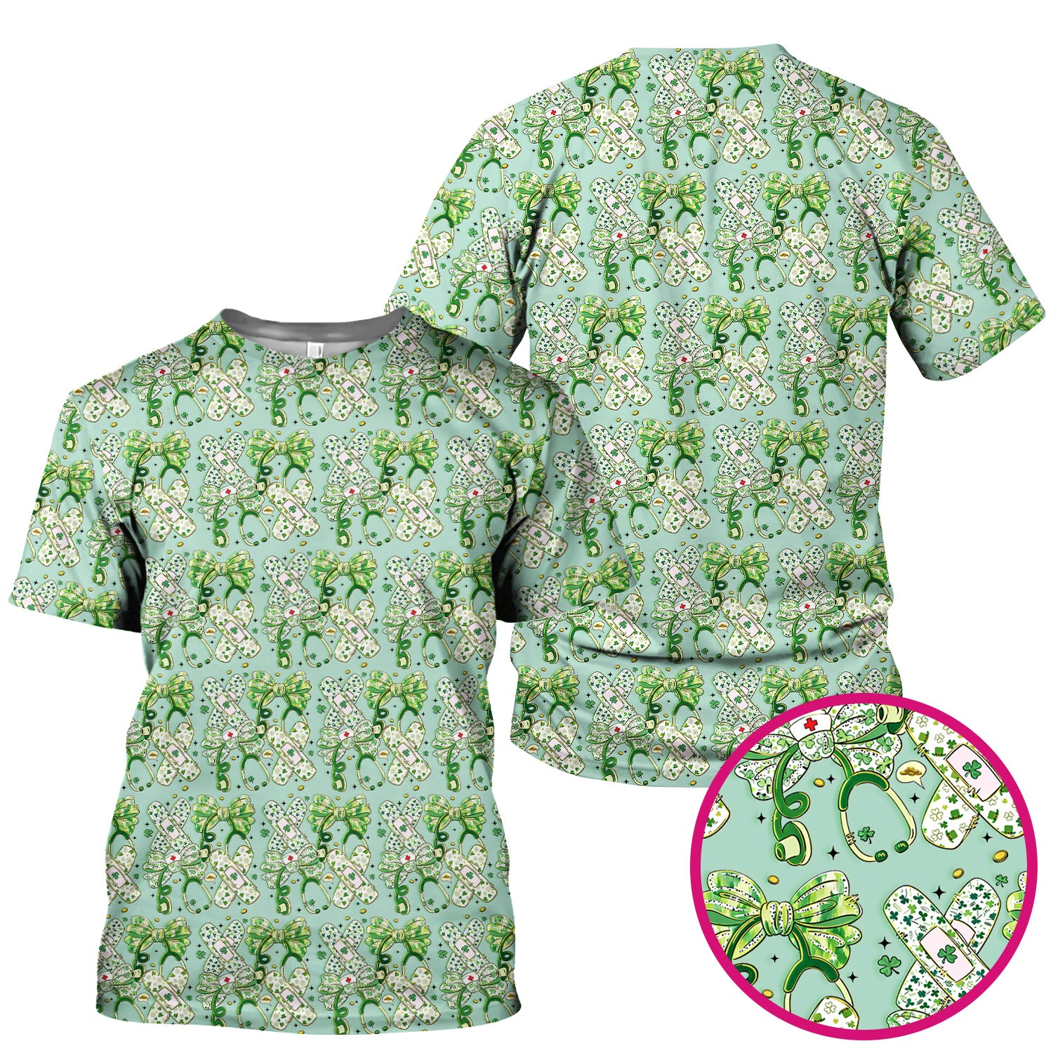 St Patrick Shamrock Stethoscope Bow Print Scrub Top, Breathable Fabrics Nursing Uniform