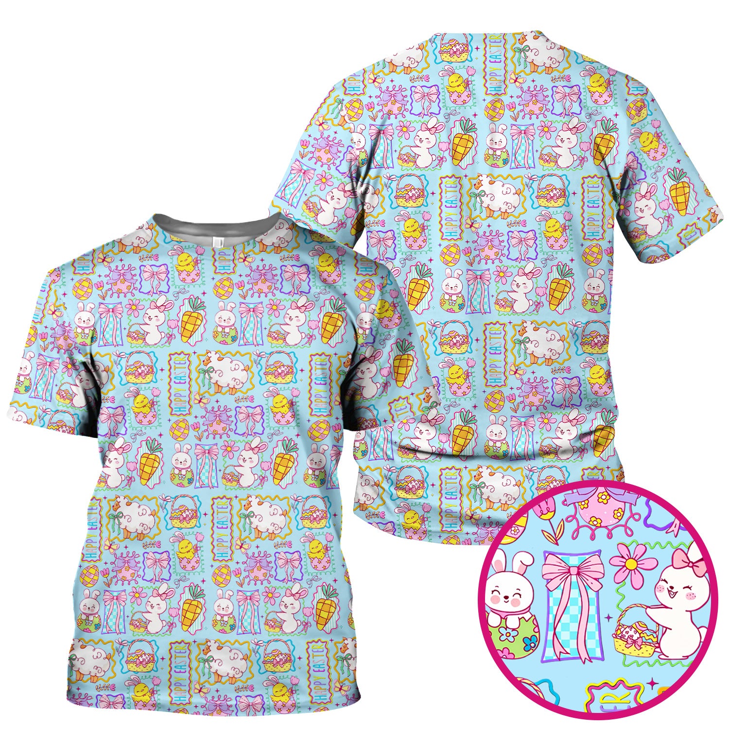 Cute Easter Bunny Egg and Bow Print Scrub Top, Breathable Fabrics Nursing Uniform