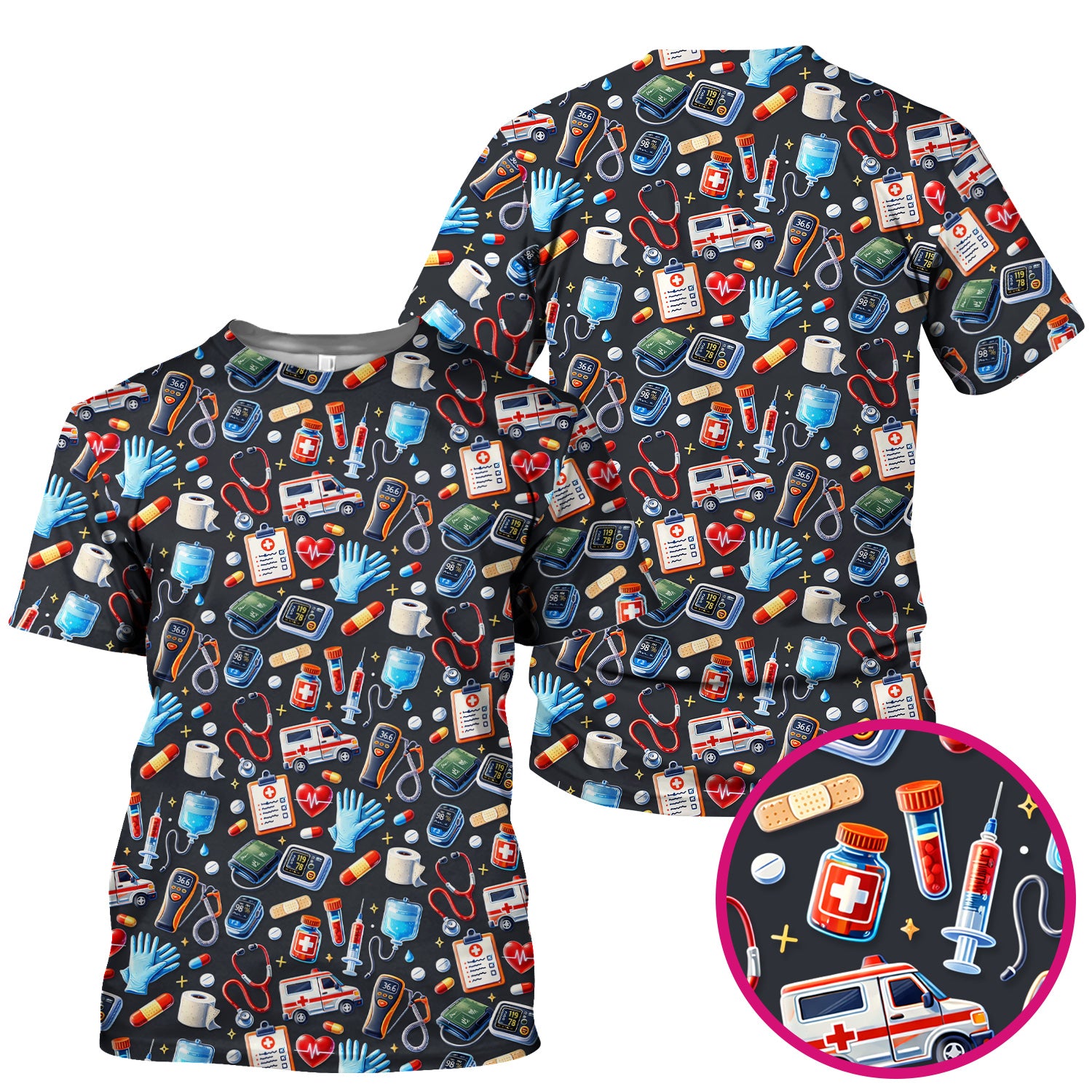 Medical Tools Pattern Ambulance Stethoscope Scrub Top, Comfortable Scrubs for Nurses