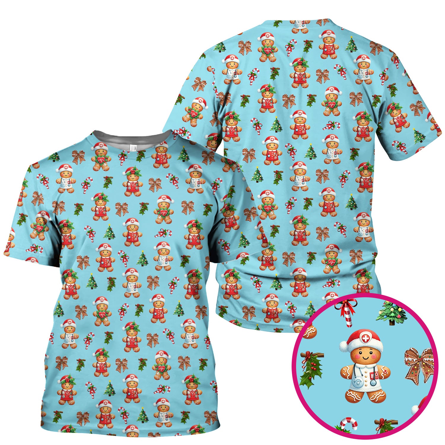 Funny Gingerbread Christmas Scrub Top - Cute Cookie with Bow Shirt - Festive Holiday Scrubs for Women