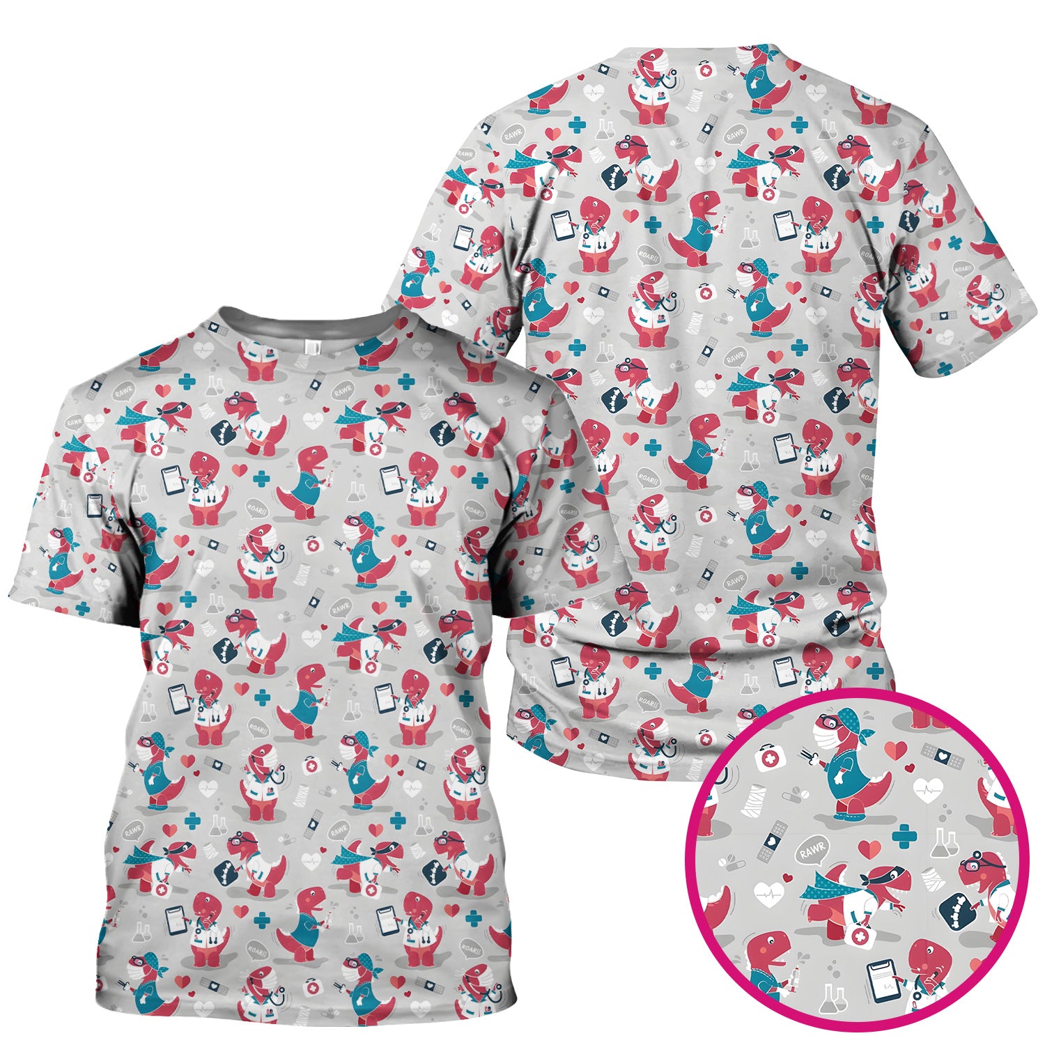Cute Dinosaur Doctor Medical Pattern Scrub Top, Breathable Fabrics Nursing Uniform