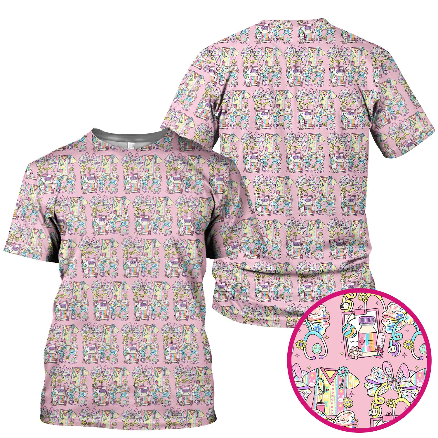 Colorful Nurse Scrub Supplies Pattern Scrub Top, Breathable Fabrics Nursing Uniform