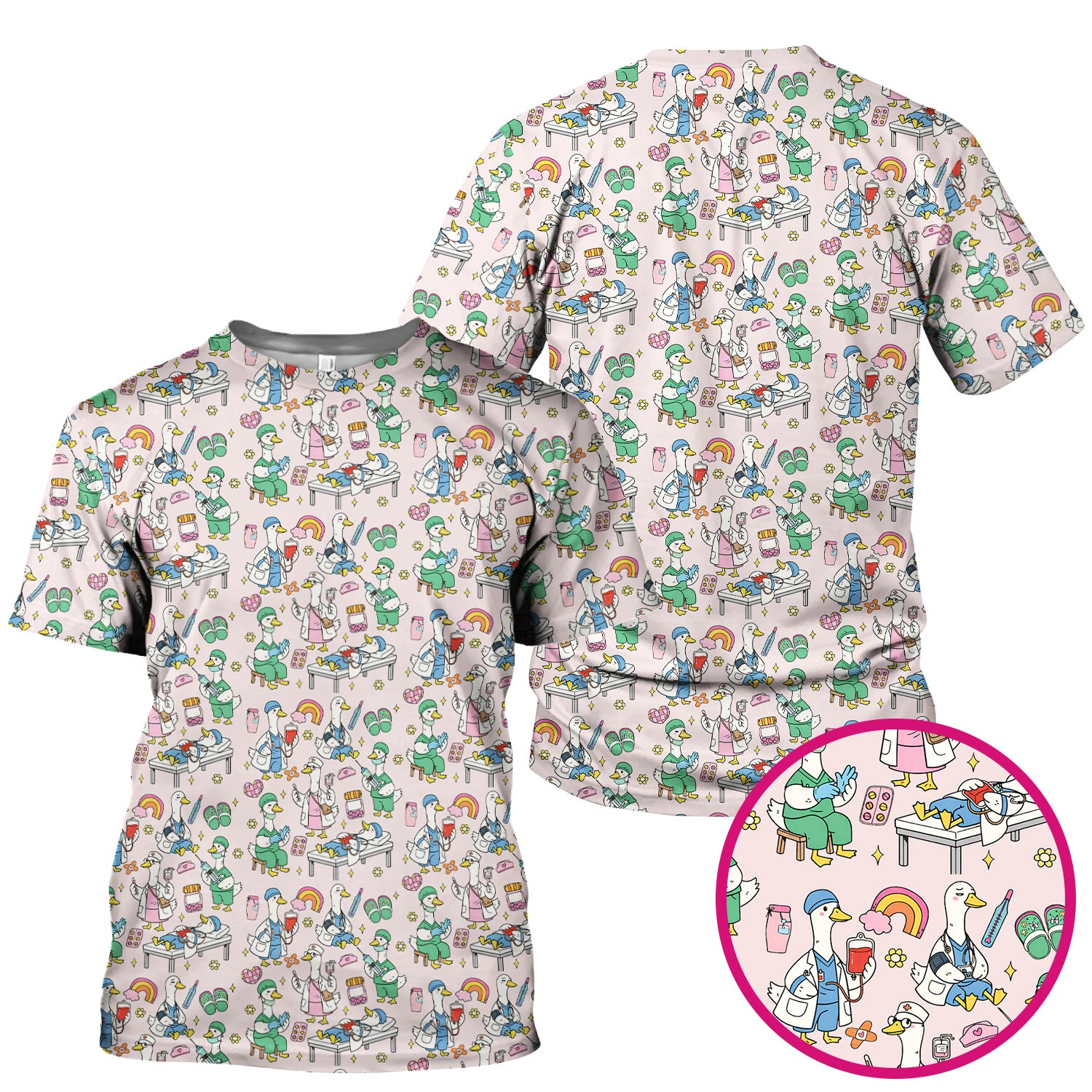 Funny Nurse Duck Medical Doodle Pattern Scrub Top, Comfortable Nurse Workwear Top