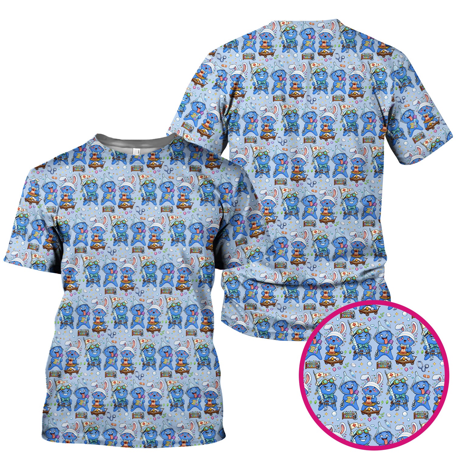 Cute Glove Doll Hospital Medical Cartoon Nurse Pattern Scrub Top, Comfortable Scrubs for Nurses
