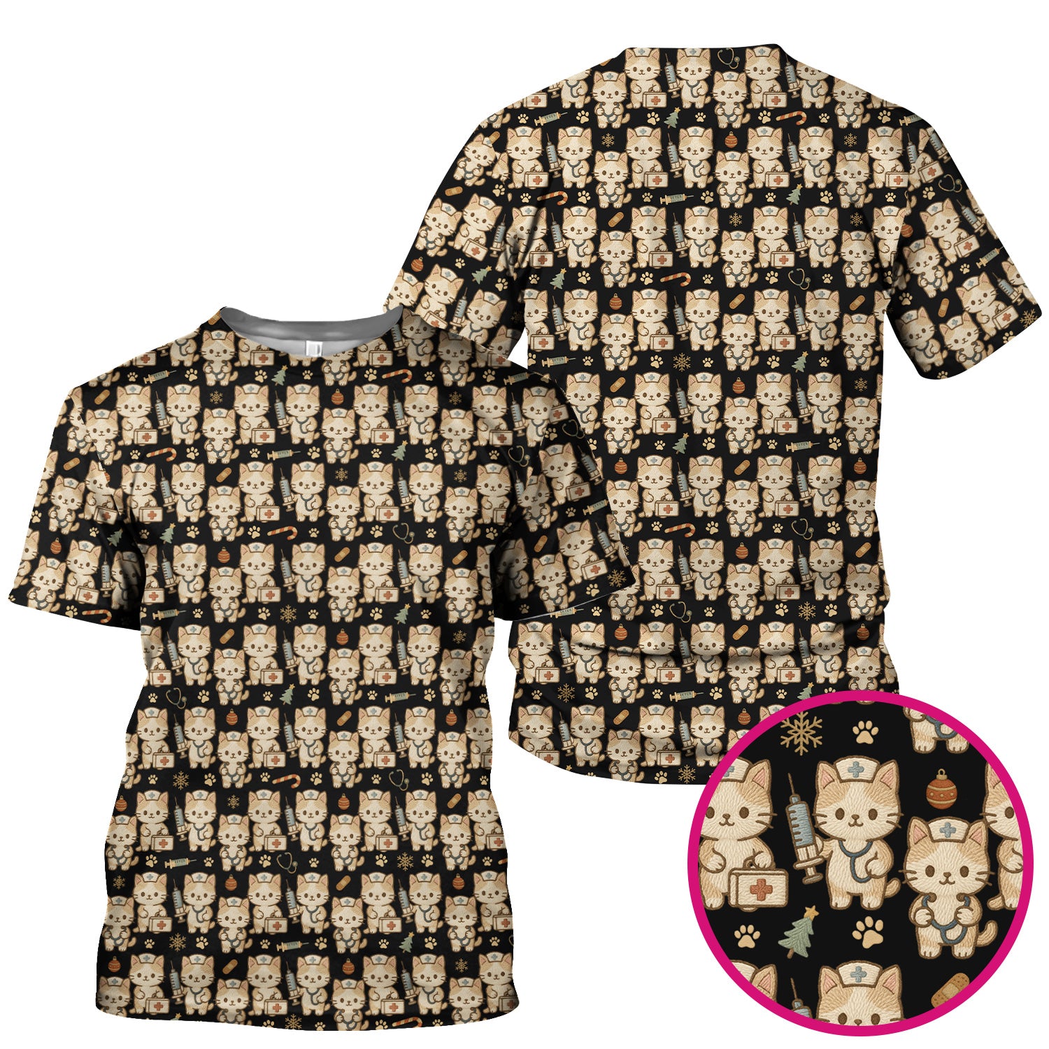 Cute Cat Nurse Christmas Scrub Top, Kawaii Kitty Medical Pattern Shirt, Breathable Fabrics Nursing Uniform