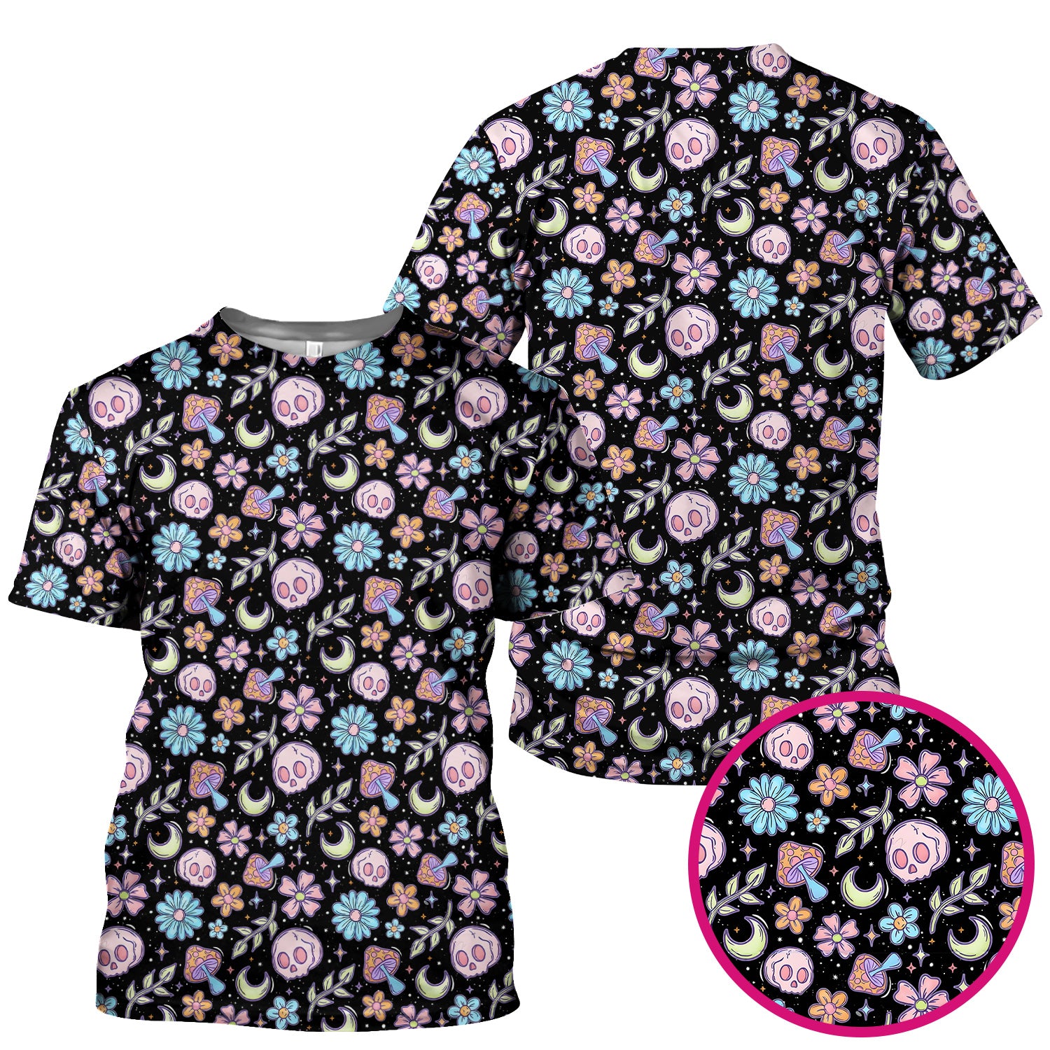 Neon Skull Mushroom Floral Scrub Top, Colorful Gothic Nurse Scrubs Uniform