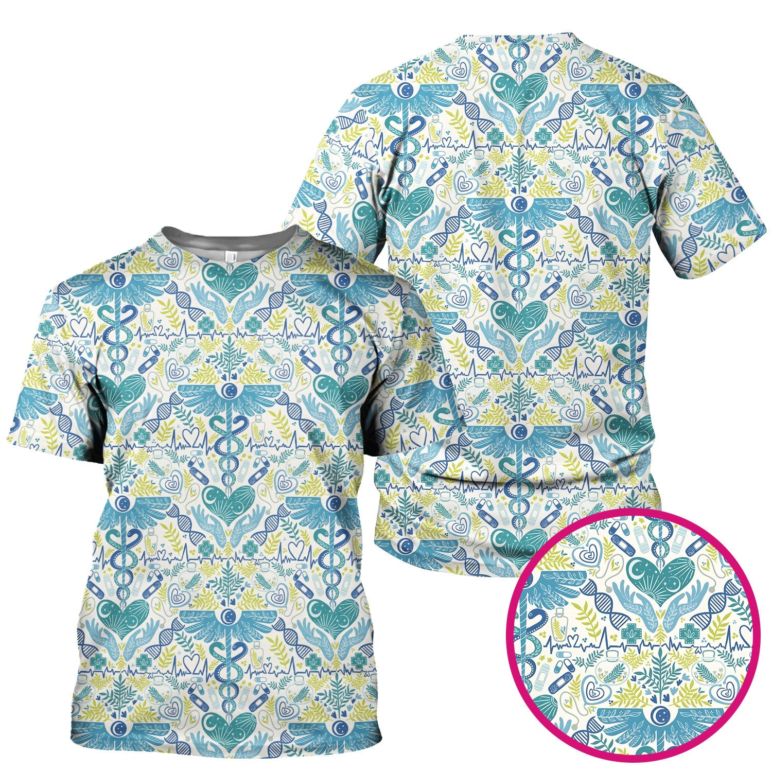 Inspirational Botanical Medical Caduceus Heart Nurse Pattern Scrub Top, Breathable Fabrics Nursing Uniform