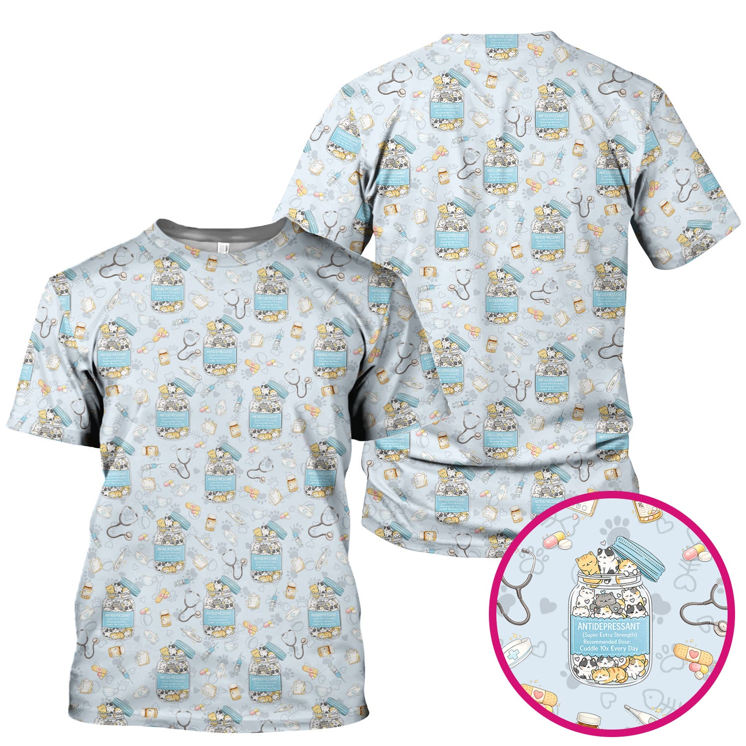 Cute Antidepressant Cat Jar Print Nurse Scrub Top, Breathable Fabrics Nursing Uniform