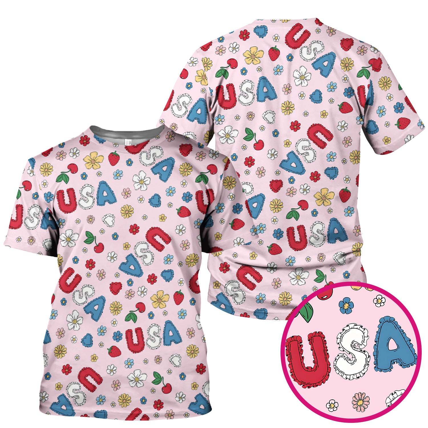 USA Cherry Strawberry Floral Patch Pattern Scrub Top, Comfortable Scrubs for Nurses