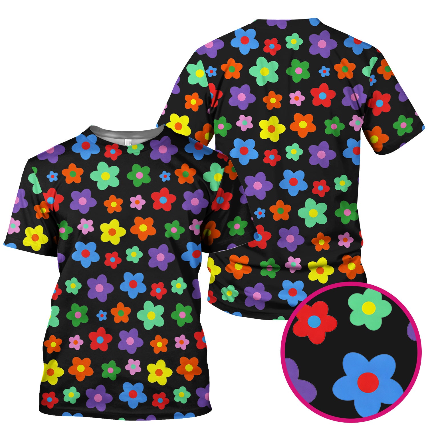 Colorful Retro Flower Pattern Print Scrub Top, Breathable Fabrics Nursing Uniform