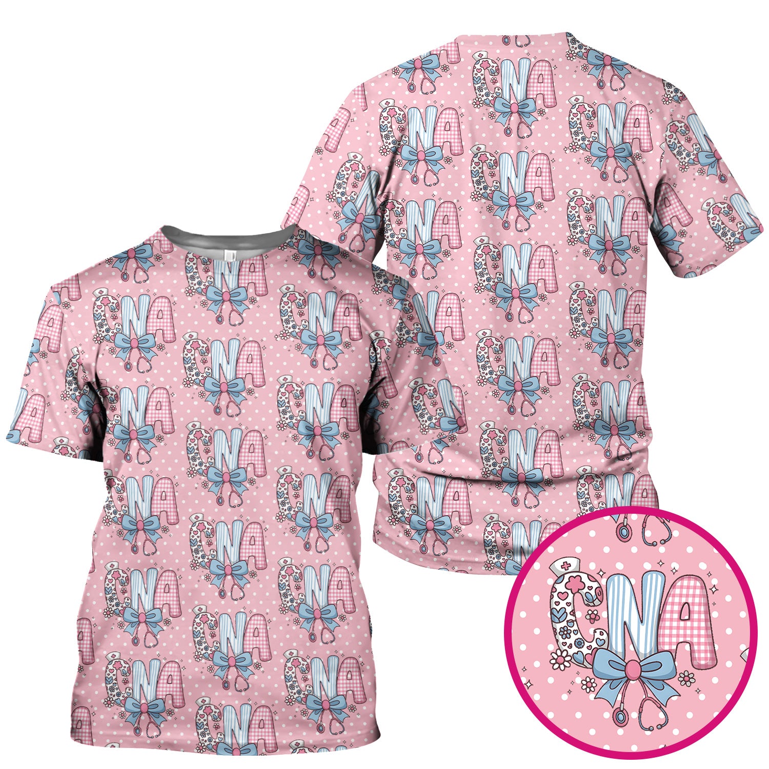 Cute CNA Floral Bow Pattern Scrub Top, Breathable Fabrics Nursing Uniform