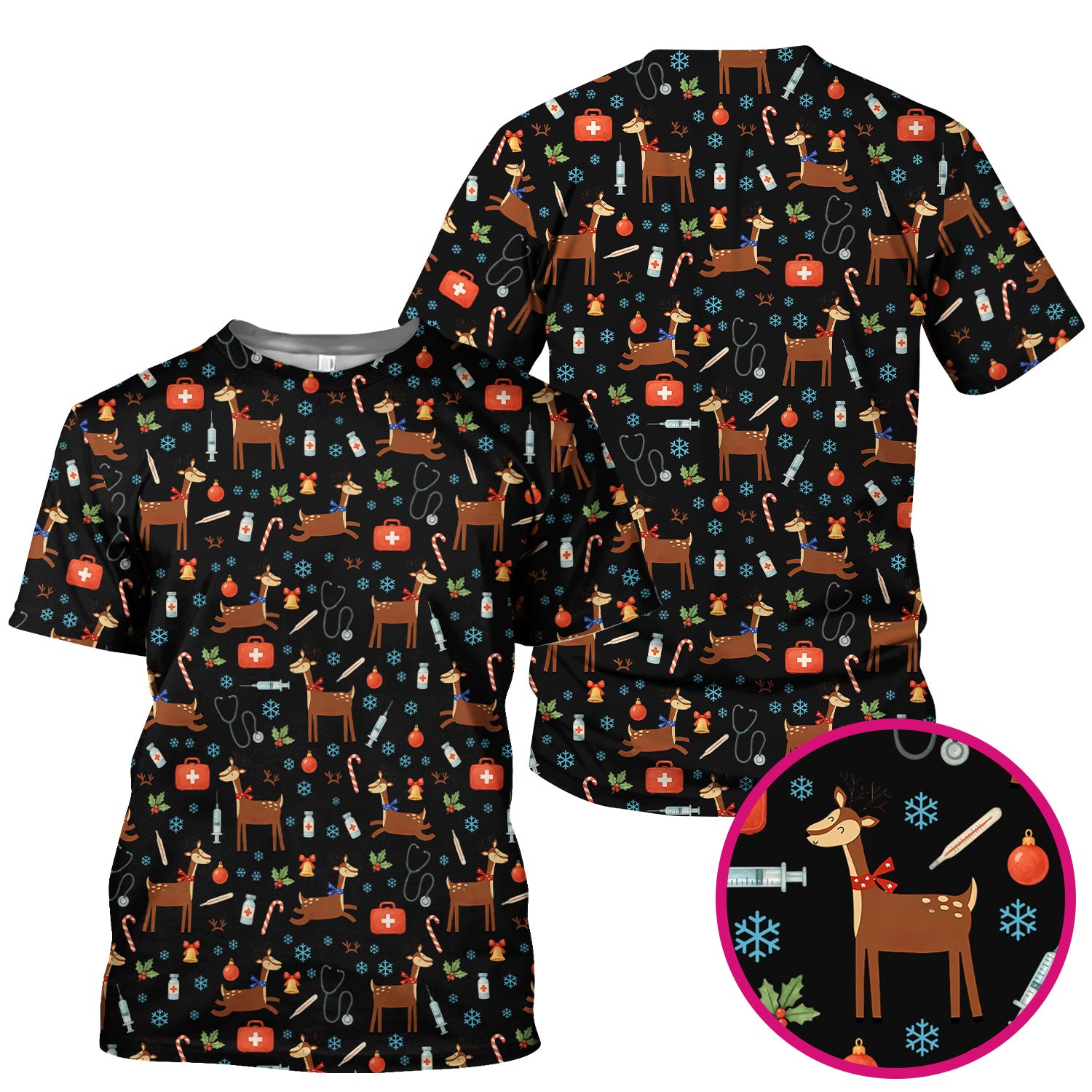 Christmas Reindeer Scrub Top for Nurses - Cute Reindeers Snowflakes Candy Canes Shirt - Comfortable Med Uniform