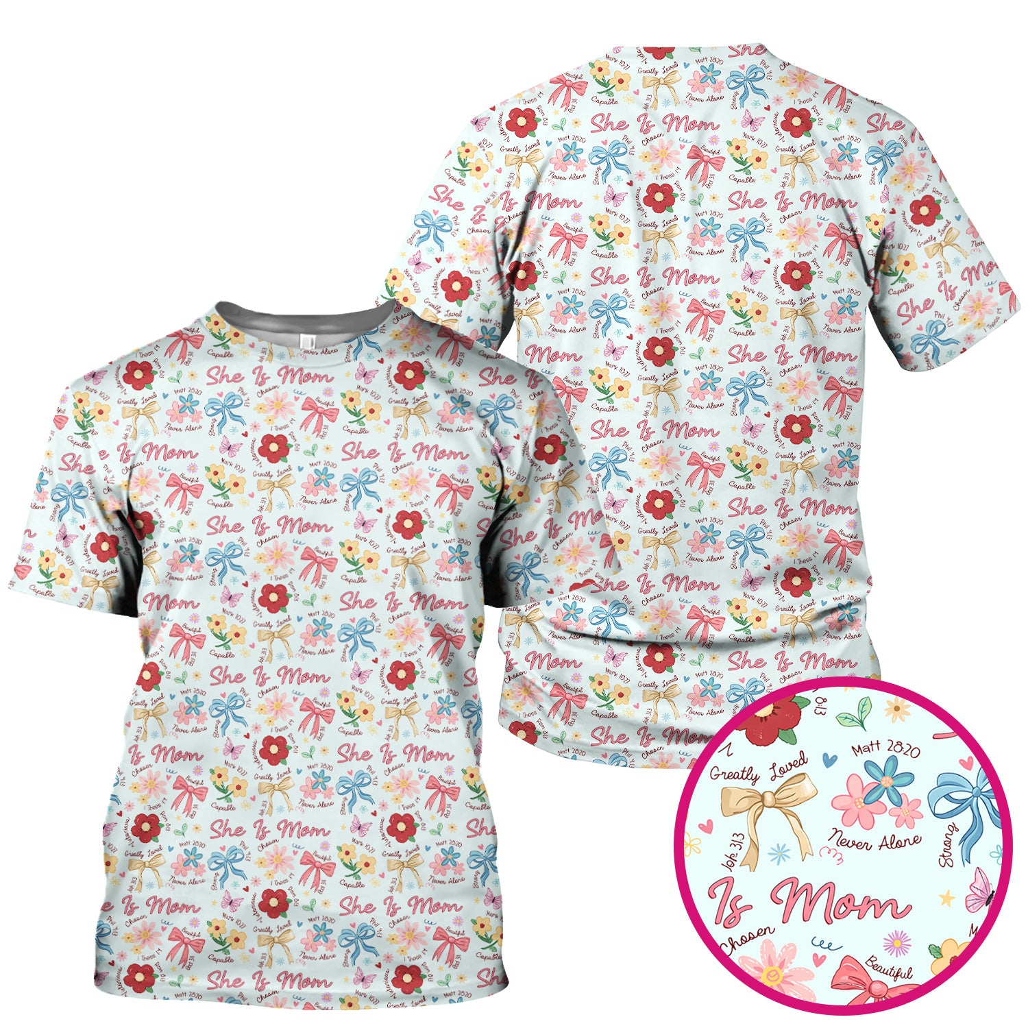 She Is Mom Floral Bow Pattern Scrub Top, Comfortable Scrubs for Nurses