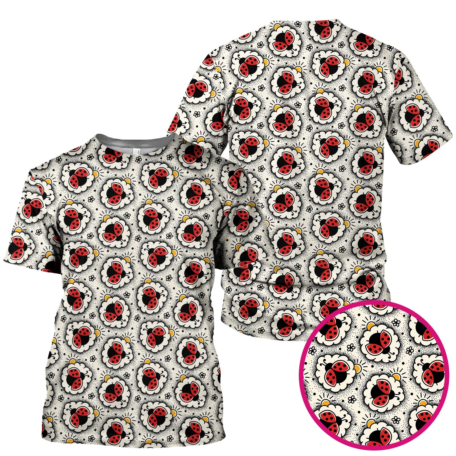 Cute Ladybug in Floral Frame Pattern Scrub Top, Breathable Fabrics Nursing Uniform