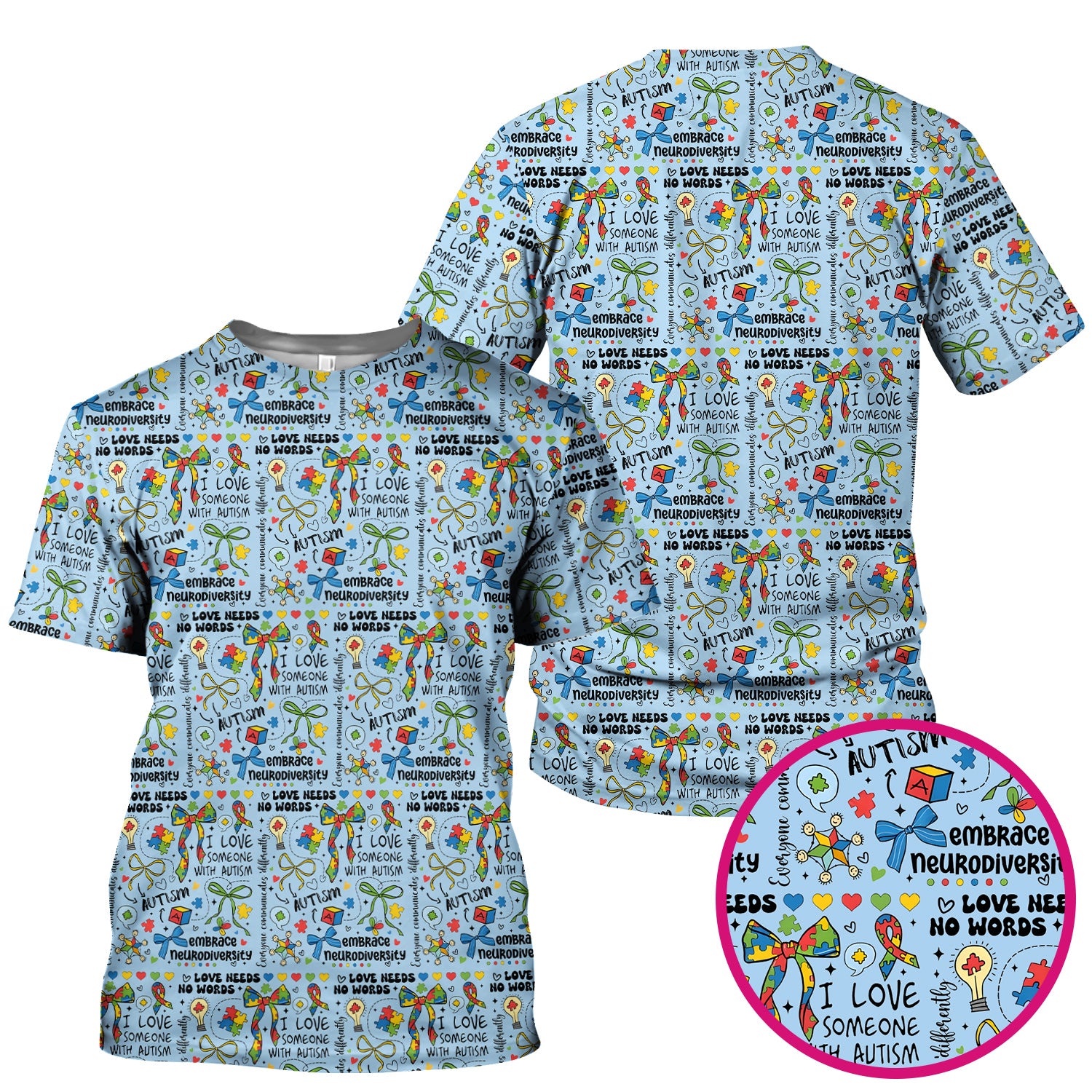 Autism Awareness Puzzle Ribbon Pattern Scrub Top, Breathable Fabrics Nursing Uniform