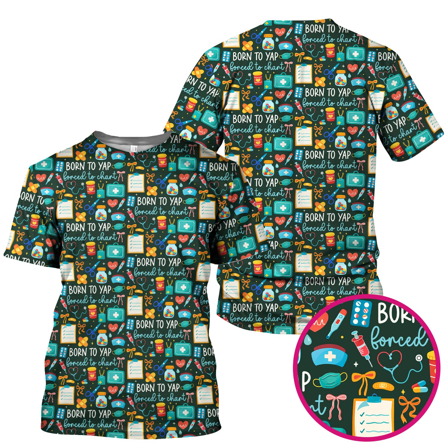 Born To Yap Medical Tools Pattern Scrub Top, Comfortable Scrubs for Nurses