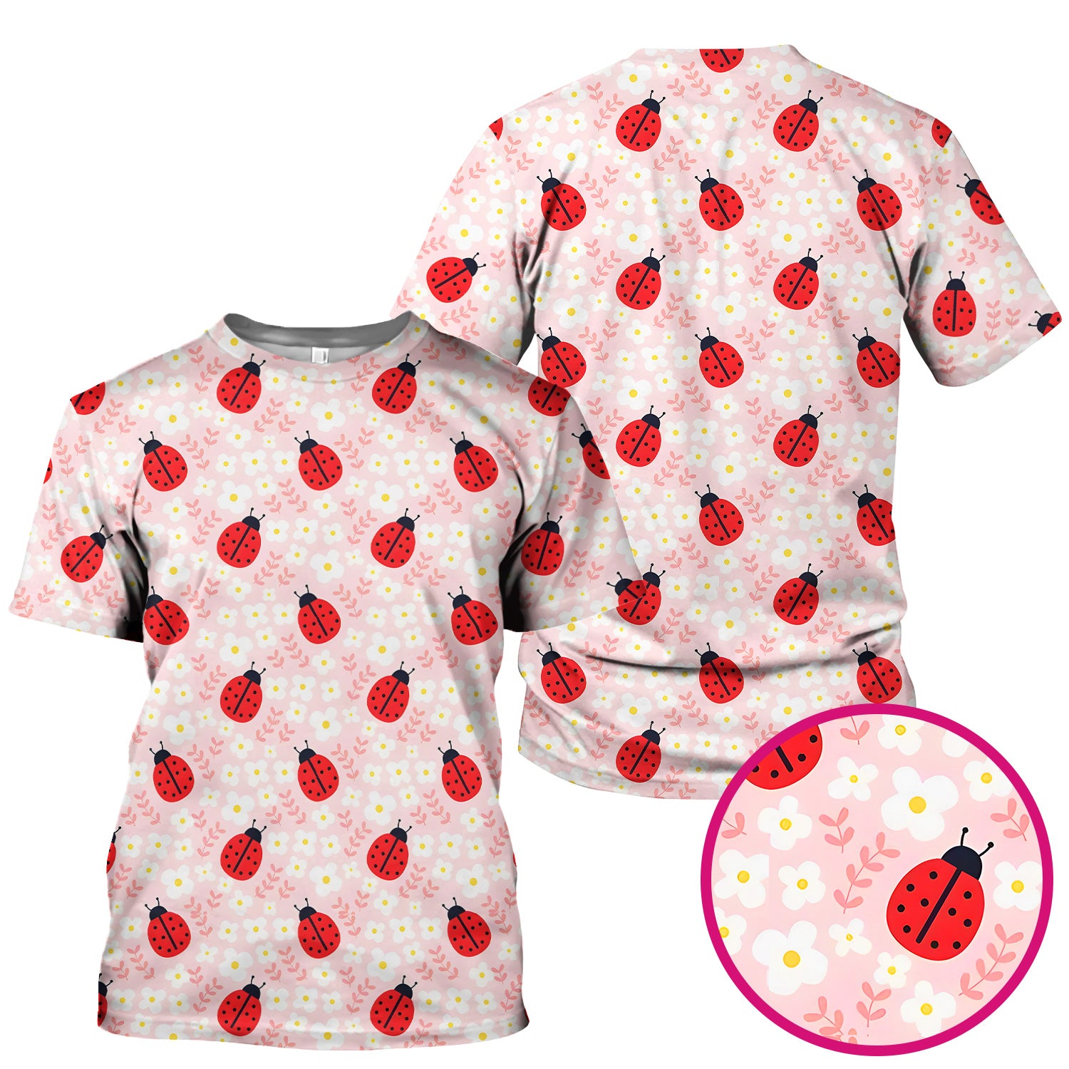 Cute Ladybug Blossom Print Scrub Top, Pastel Garden Medical Scrubs for Women