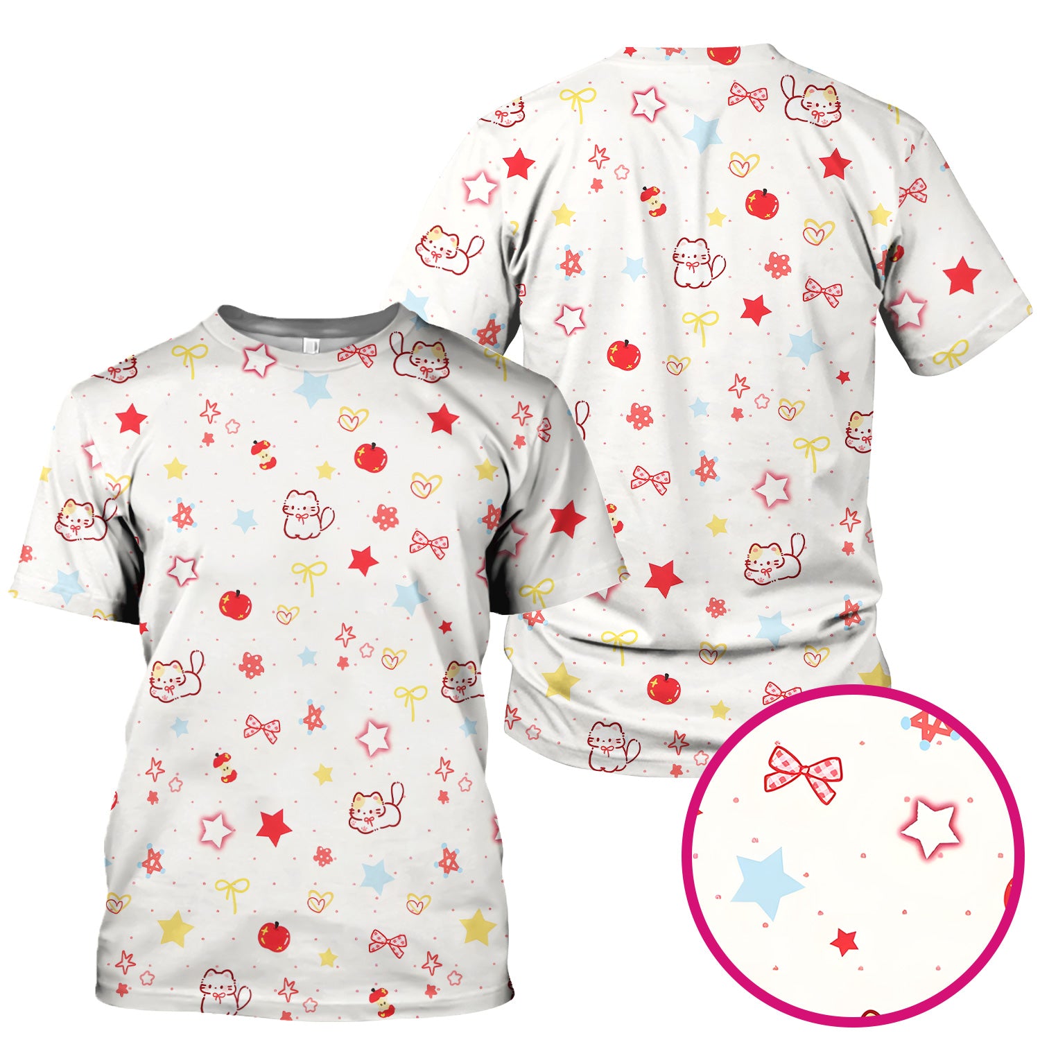 Cute Kawaii Cat Bow Star Pattern Scrub Top, Comfortable Scrubs for Nurses