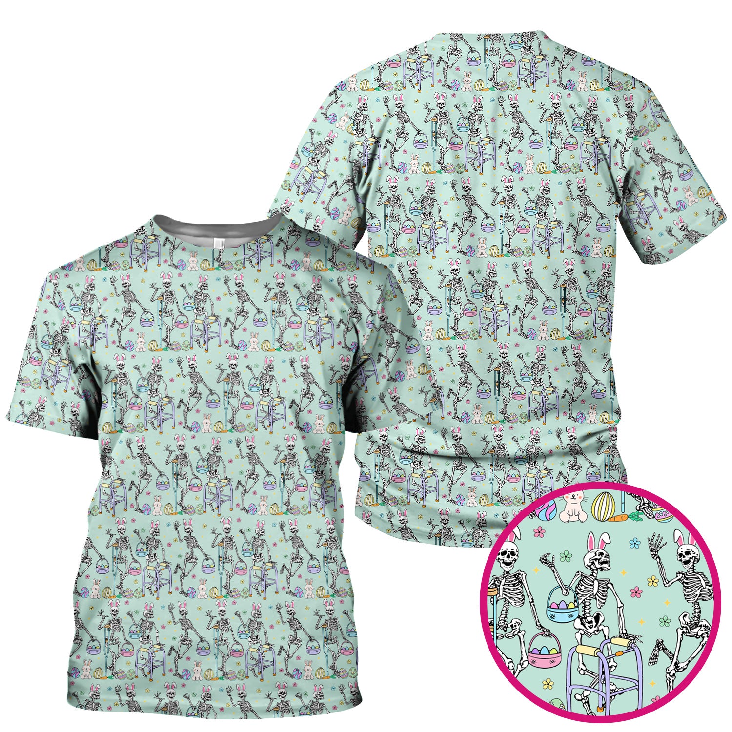 Fun Skeleton Bunny Easter Print Scrub Top, Comfortable Scrubs for Nurses