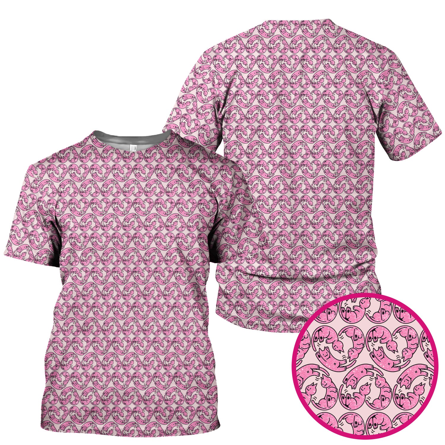 Cute Pink Cat Cartoon Pattern Scrub Top, Comfortable Scrubs for Nurses