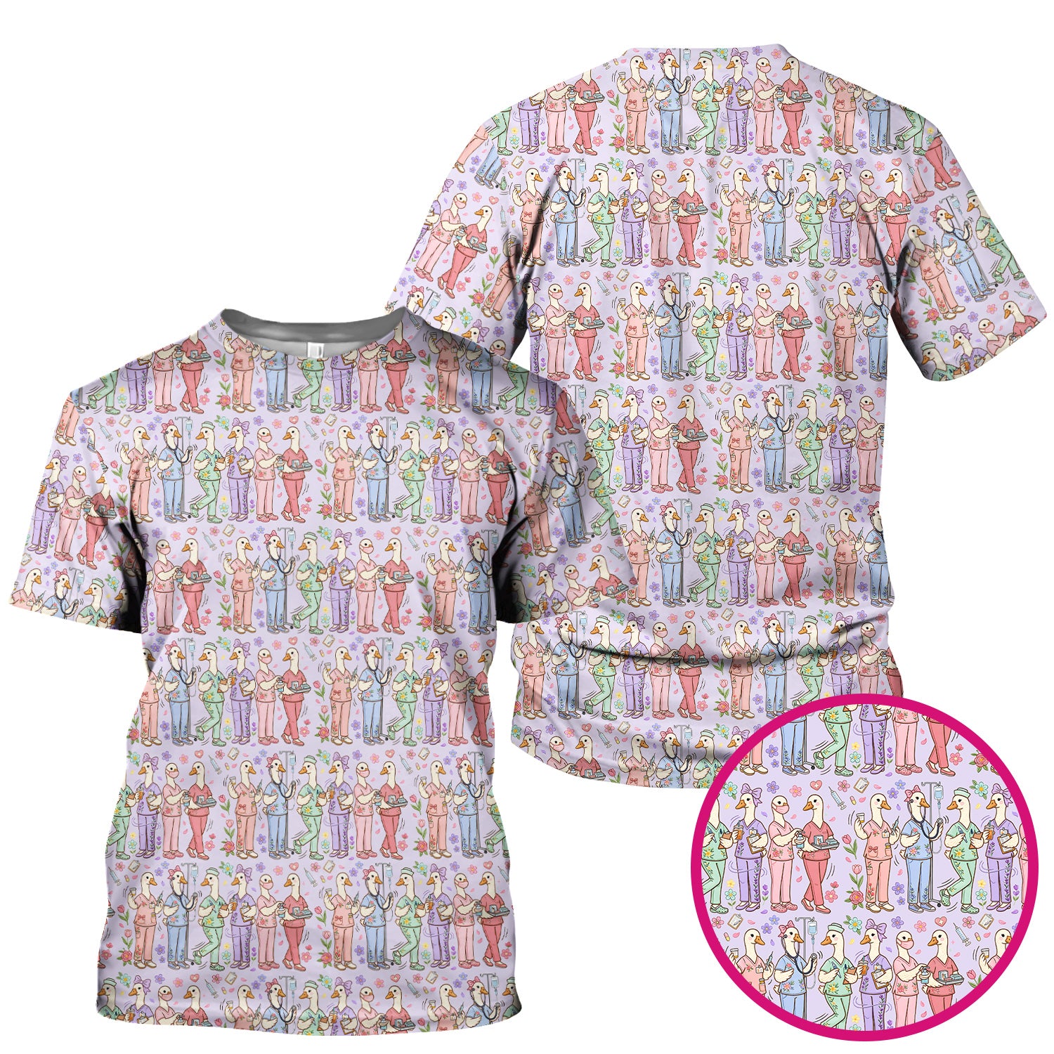 Goose Characters Floral Medical Team Uniform Pattern Scrub Top, Breathable Fabrics Nursing Uniform