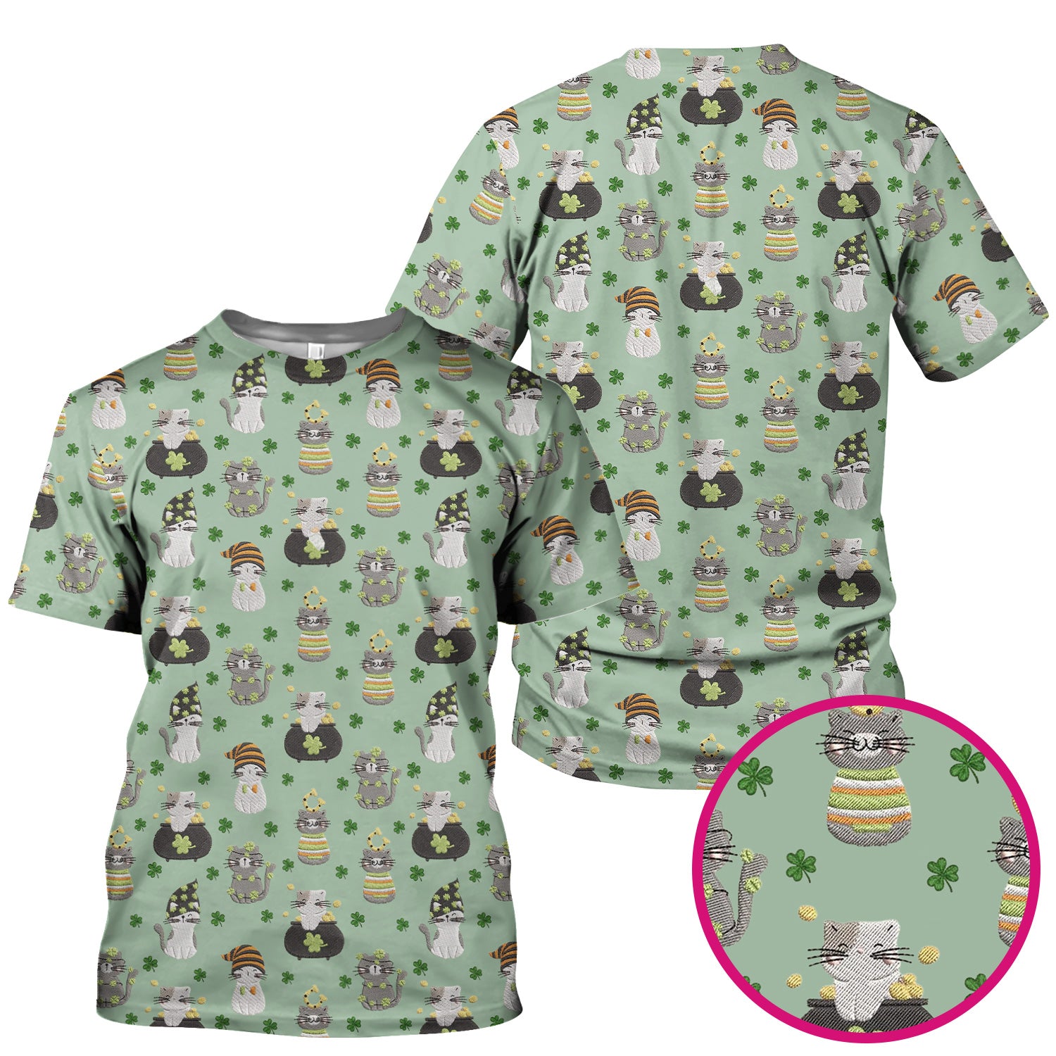 St. Patrick’s Day Scrub Top, Lucky Cat With Shamrock Pattern Shirt, Breathable Fabrics Nursing Uniform