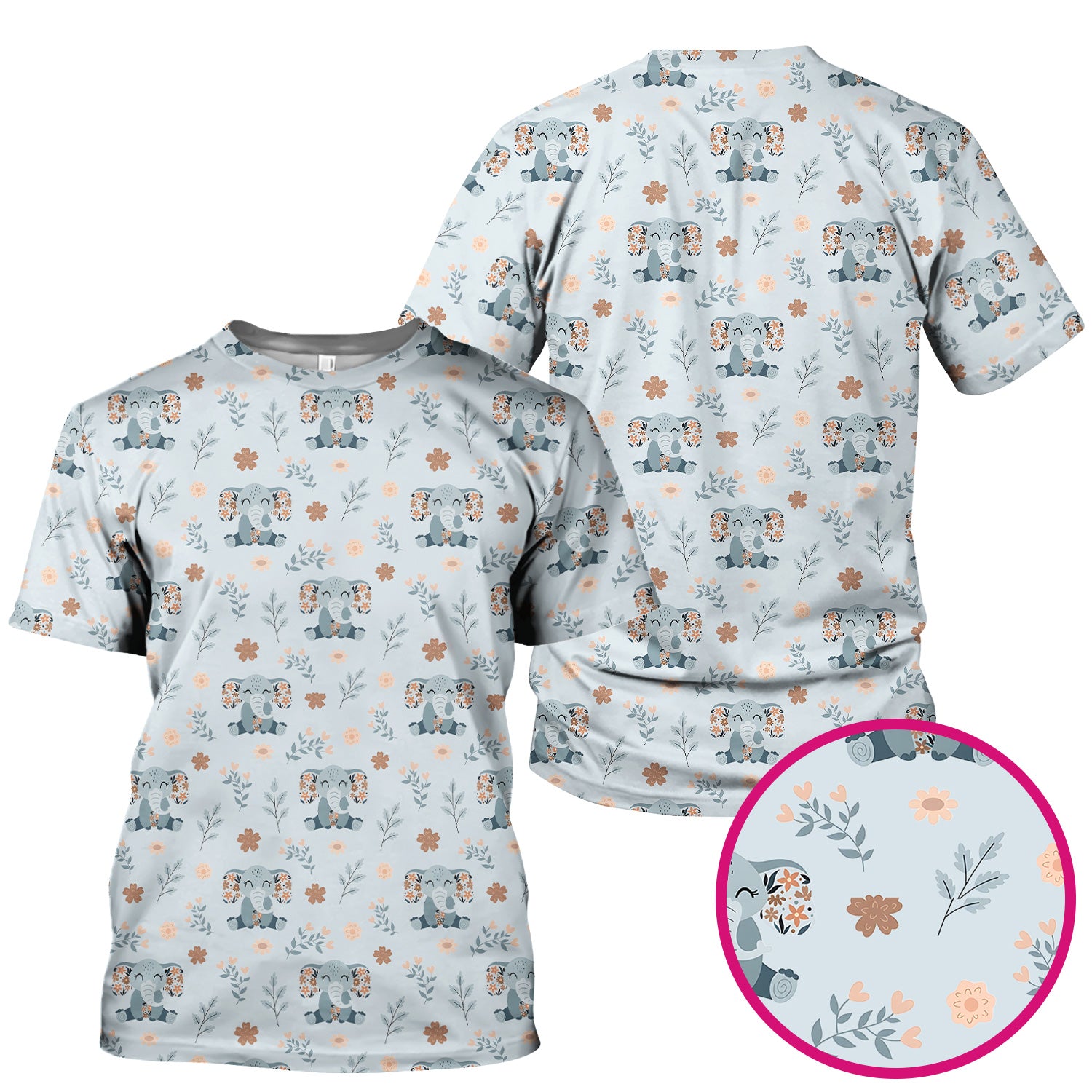Cute Elephant Floral Print Scrub Top, Comfortable Scrubs for Nurses