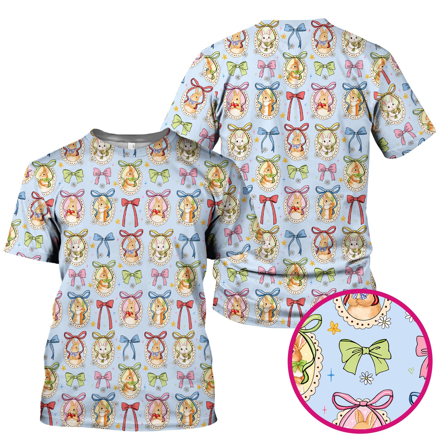 Cute Easter Bunny Cameo Colorful Bow Pattern Scrub Top, Breathable Fabrics Nursing Uniform
