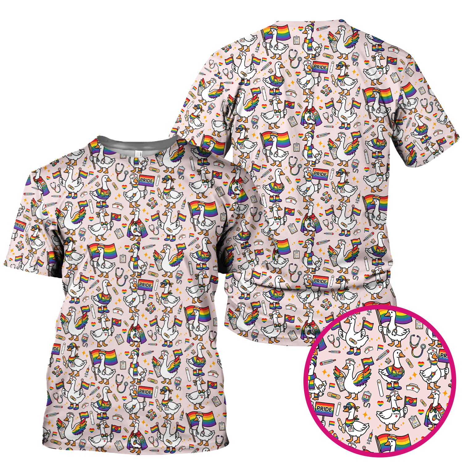 LGBT Pride Nurse Duck Pattern Scrub Top, Breathable Fabrics Nursing Uniform