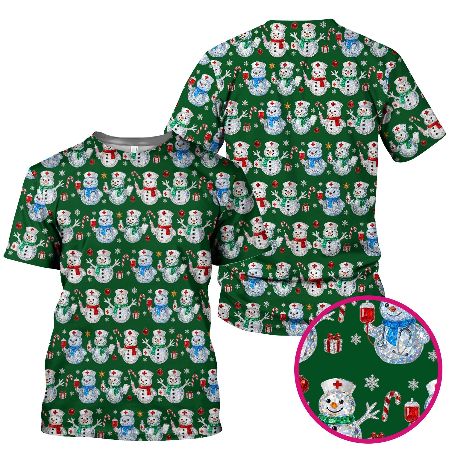 Nurse Snowman Christmas Scrub Top, Cute Holiday Medical Pattern Shirt For Women, Winter Snowflake Nursing Uniform