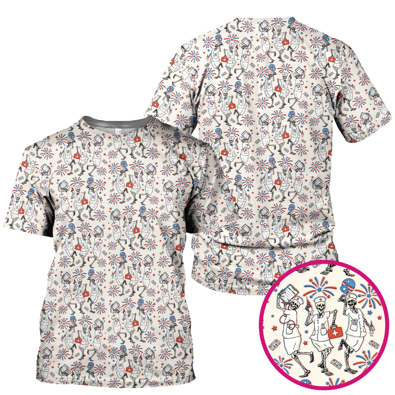 Funny Skeleton Nurse Patriotic Print Scrub Top, Halloween USA Fireworks Nursing Uniform for Women
