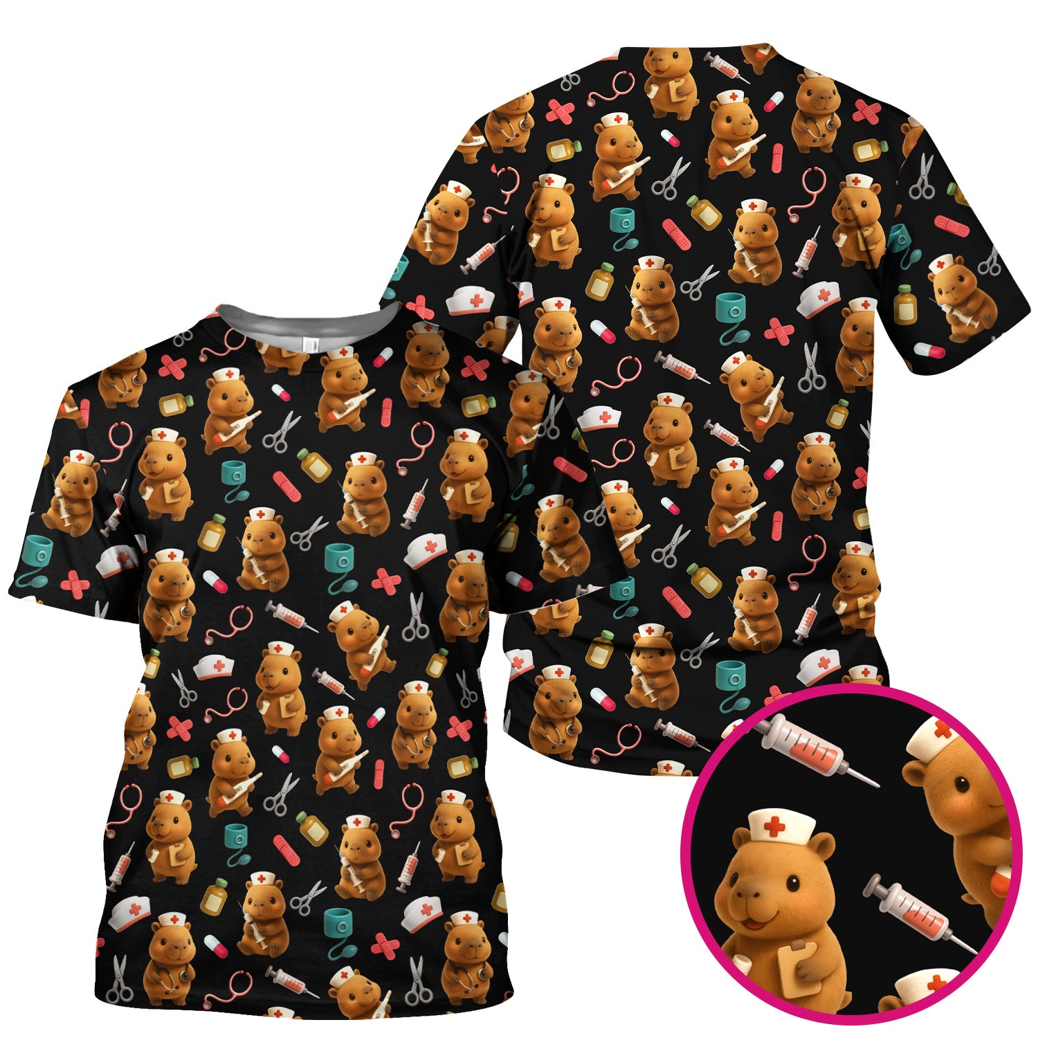 Funny Bear Scrub Top for Women - Nurse Hat and Syringe Pattern Medical Scrubs - Cute Teddy Nurse Shirt Gift for RN CNA LPN