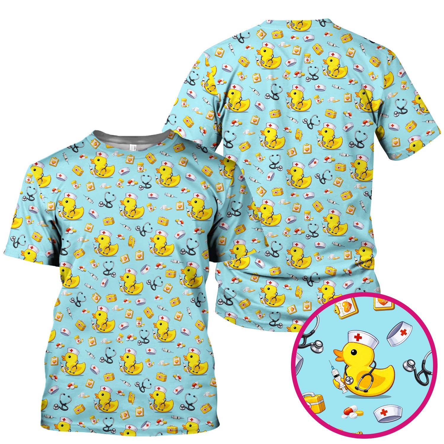 Playful Medical Duck Print Nurse Scrub Top, Comfortable Scrubs for Nurses