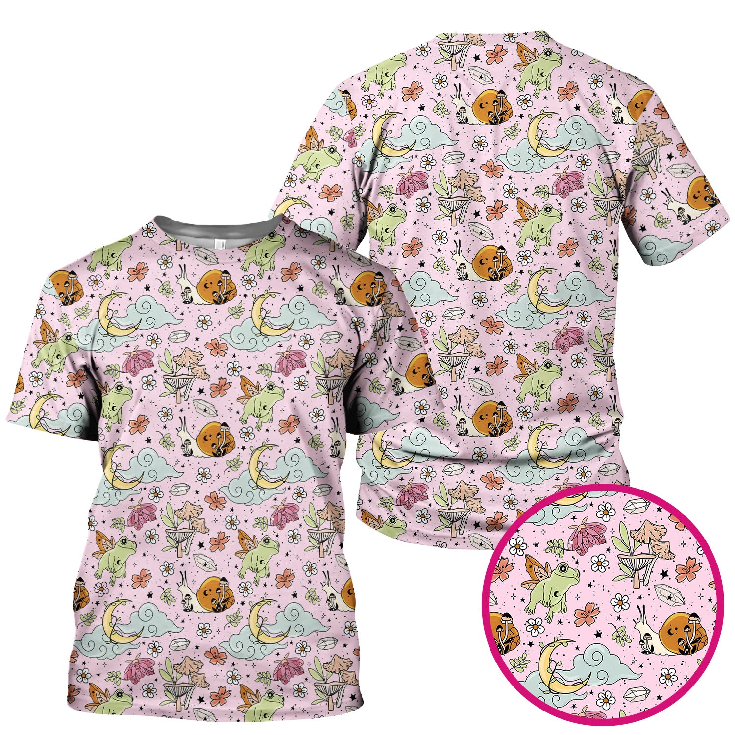 Whimsical Frog Moon Mushroom Pattern Scrub Top, Fantasy Nature Print, Breathable Fabrics Nursing Uniform