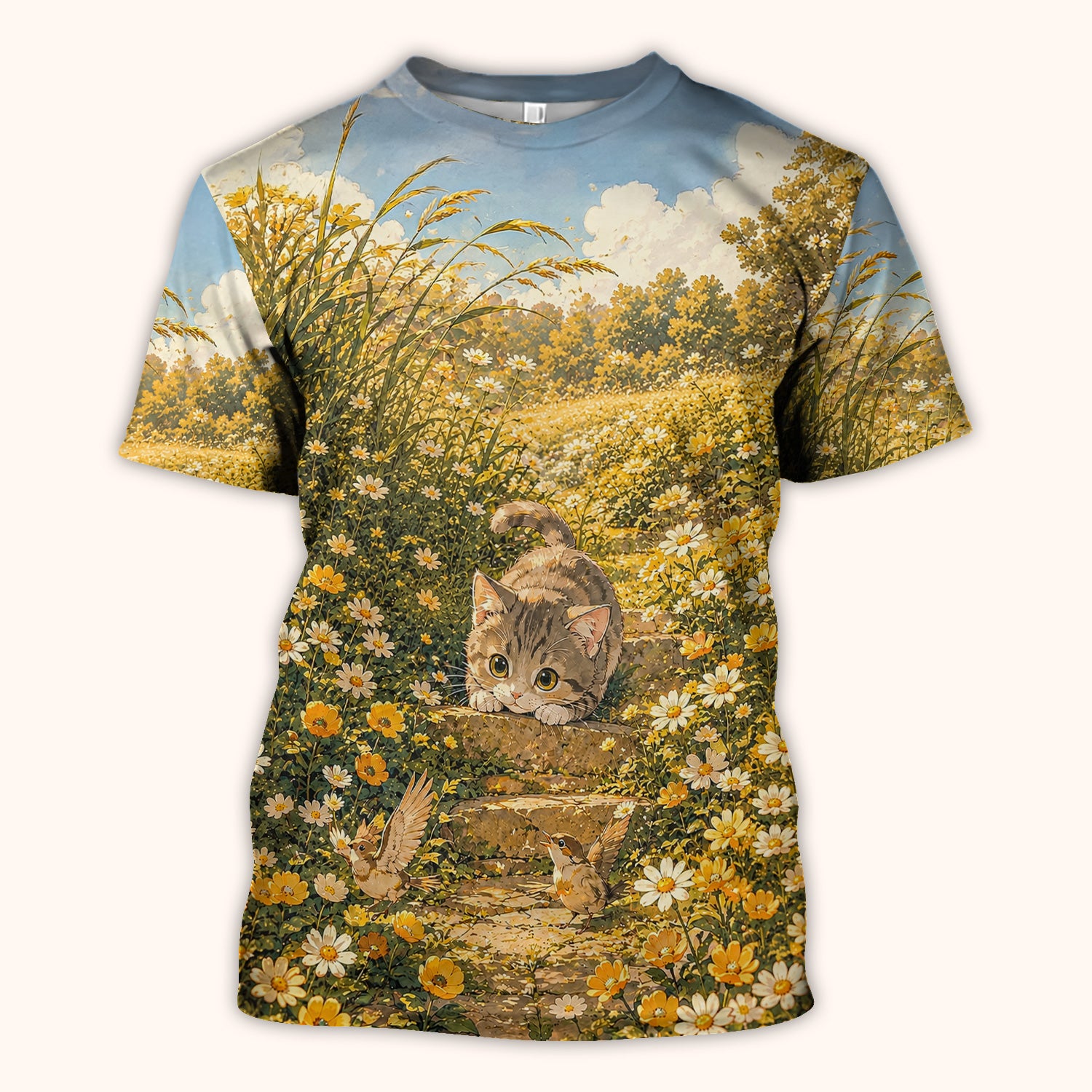 Sunny Garden Cat Nurse Pattern, Floral Medical Scrub Top, Comfortable Scrubs for Nurses