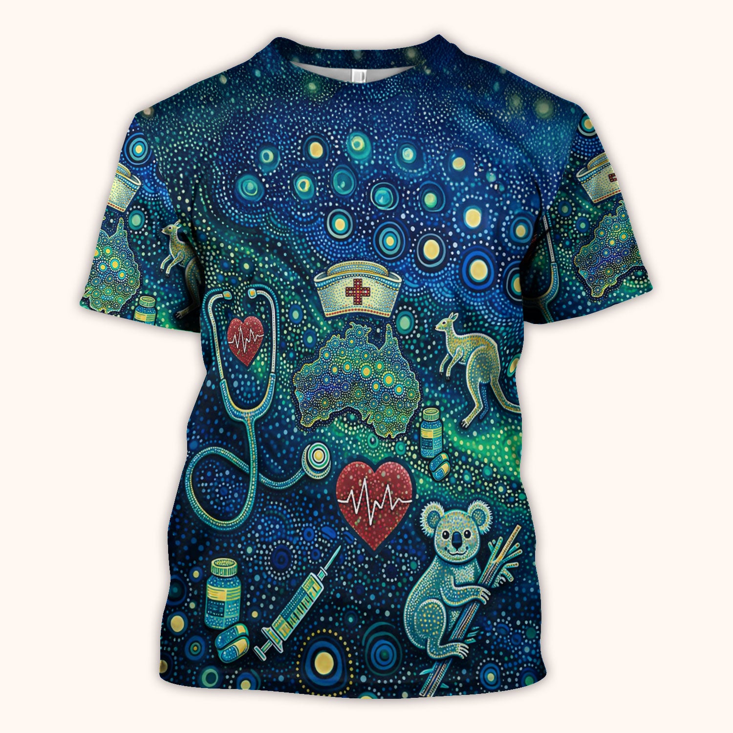 Aboriginal Nurse Australia Scrub Top, Kangaroo Koala Dot Art Medical Pattern Shirt, Breathable Fabrics Nursing Uniform