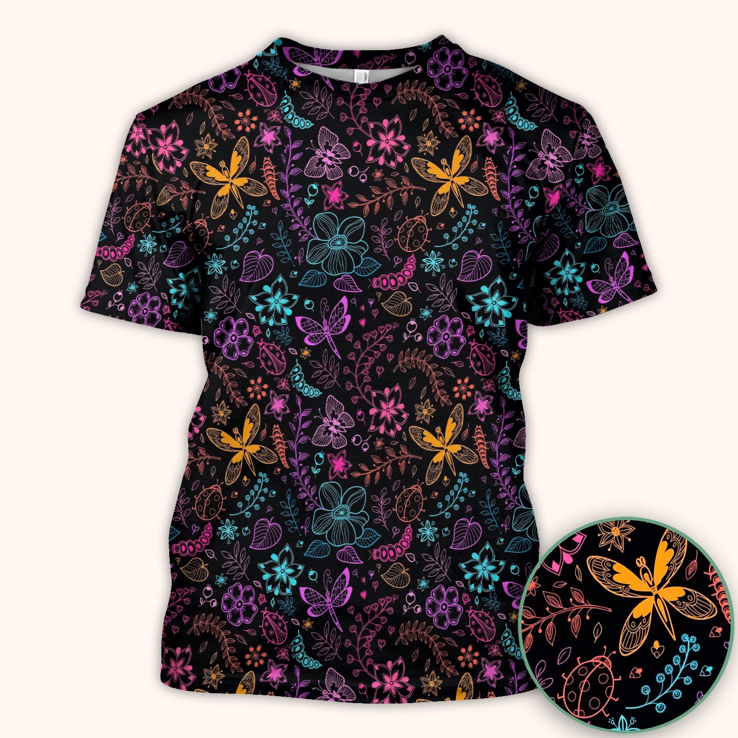 Neon Butterfly and Floral Garden Pattern Scrub Top, Comfortable Scrubs for Nurses
