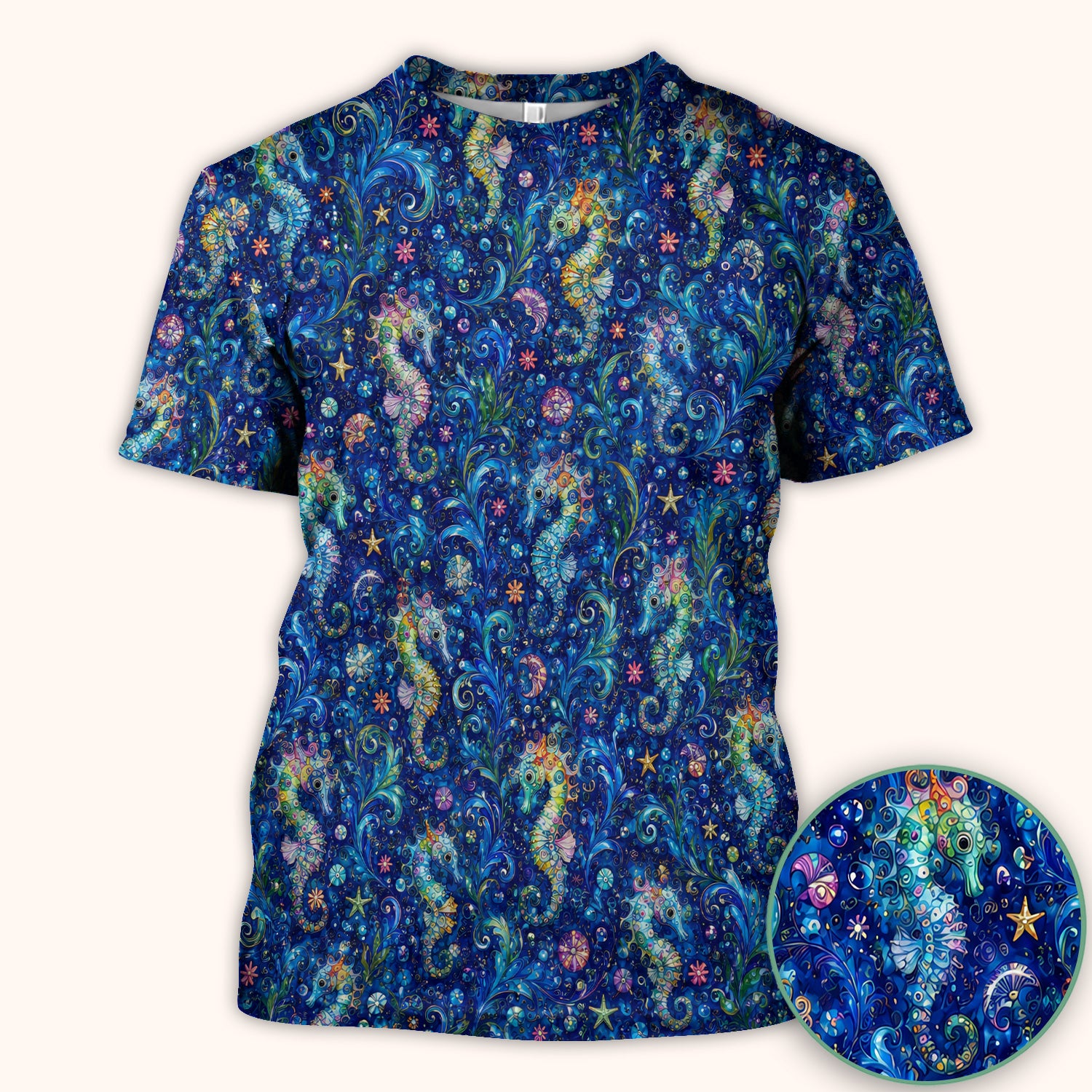 Vibrant Seahorse Ocean Swirl Pattern Scrub Top, Comfortable Scrubs for Nurses