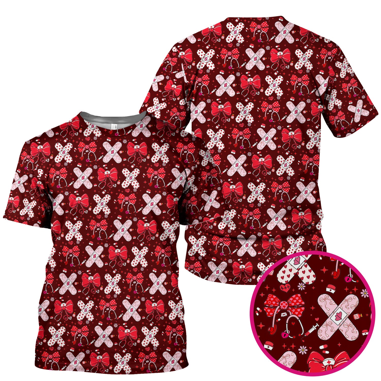 Valentine Nurse Scrub Top, Red Bow And Heart Bandage Pattern Medical Shirt, Breathable Fabrics Nursing Uniform