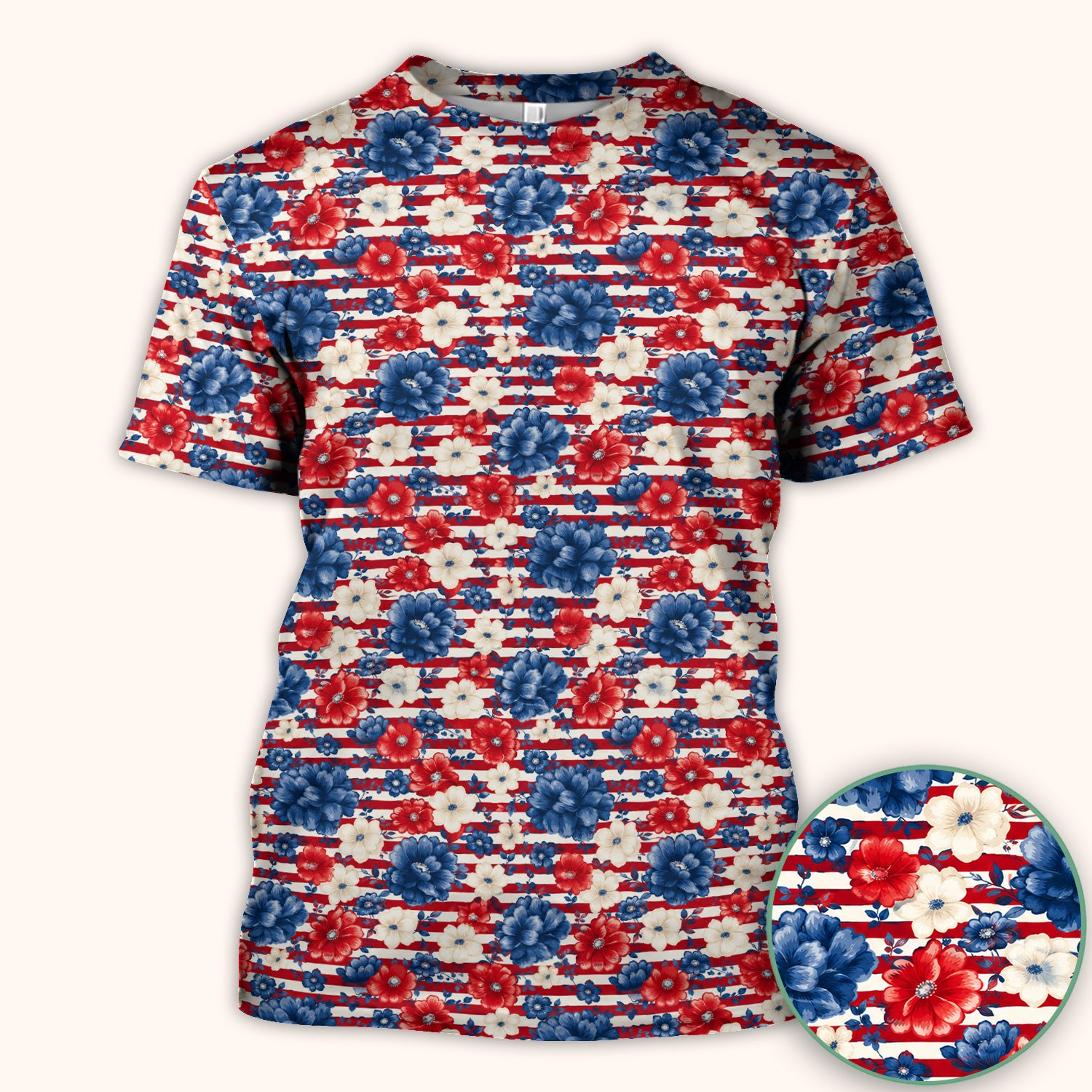 Patriotic Nurse Floral Stripe Pattern Scrub Top, Comfortable Scrubs for Nurses