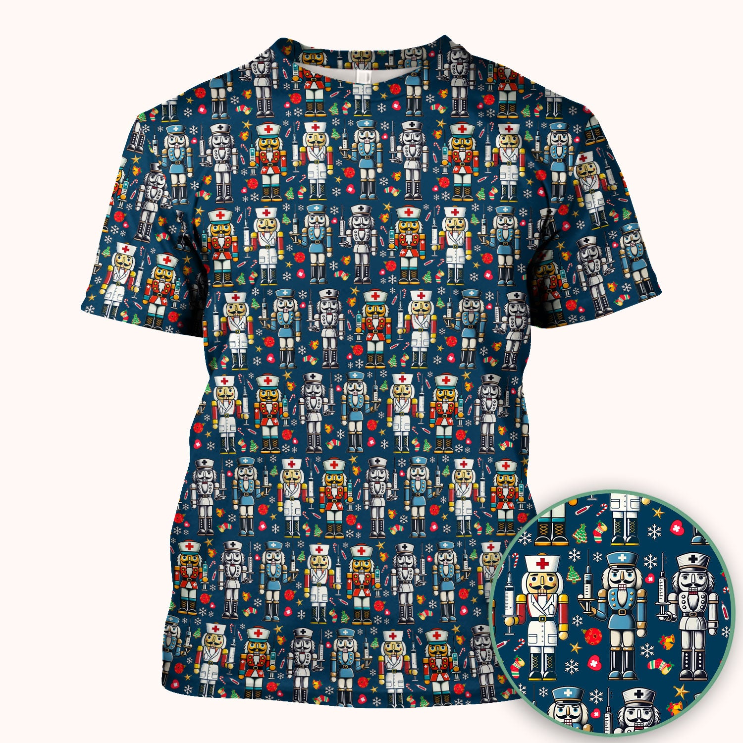 Funny Nutcracker Christmas Scrub Top – Cute Holiday Nurse Pattern Shirt – Festive Medical Uniform for RN, LPN, CNA, and Healthcare Workers