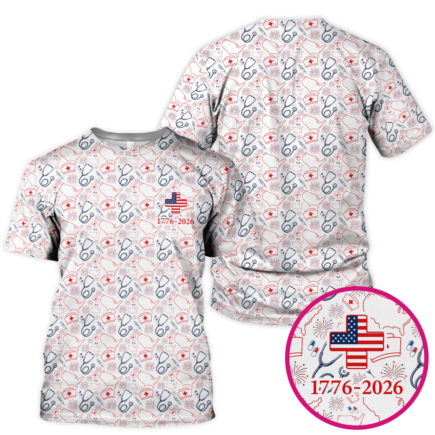 Patriotic Nurse Stethoscope Flag Pattern Scrub Top, Comfortable Scrubs for Nurses