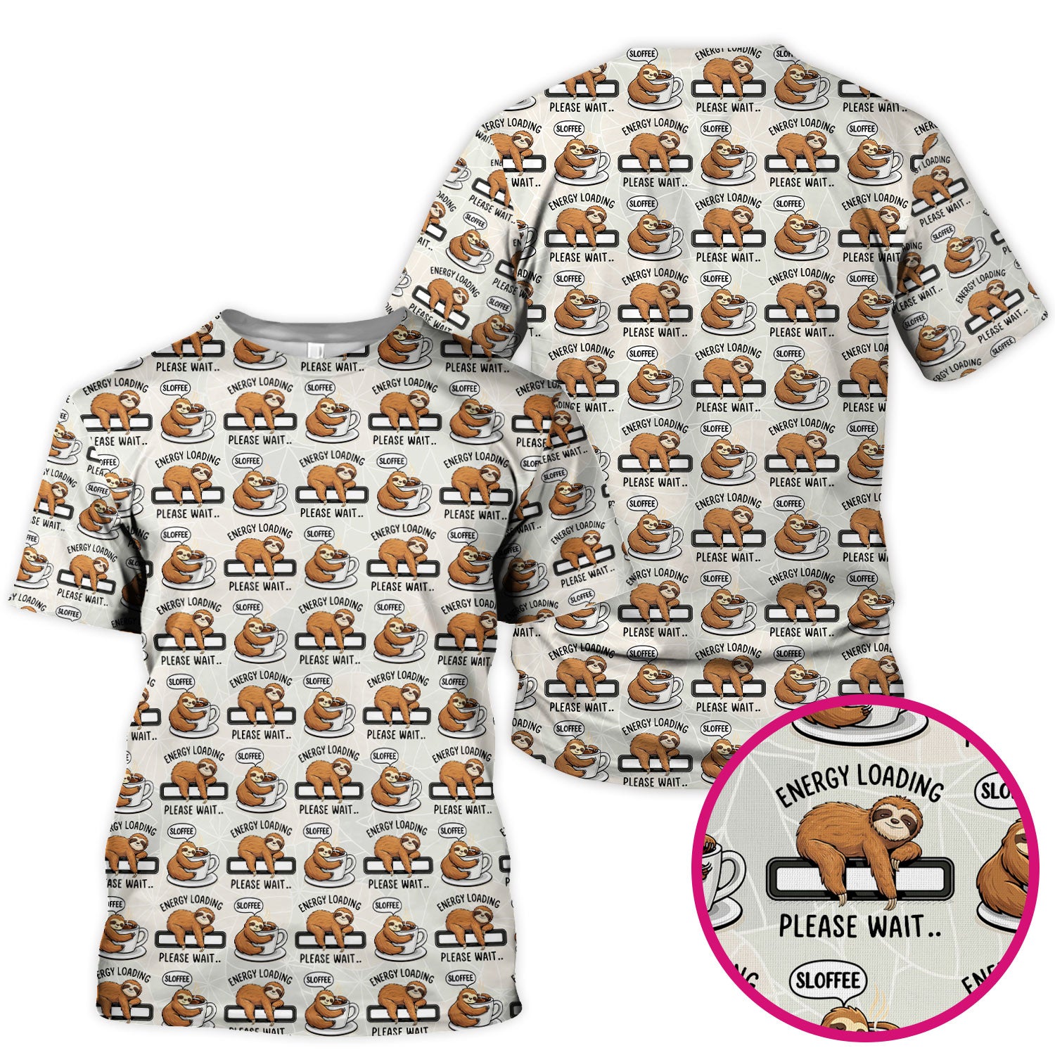 Funny Sloth Coffee Energy Loading Pattern Scrubs Top, Breathable Fabrics Nursing Uniform